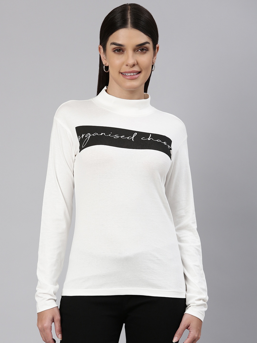 

Huetrap Women Typography Printed High Neck Cotton T-shirt, White