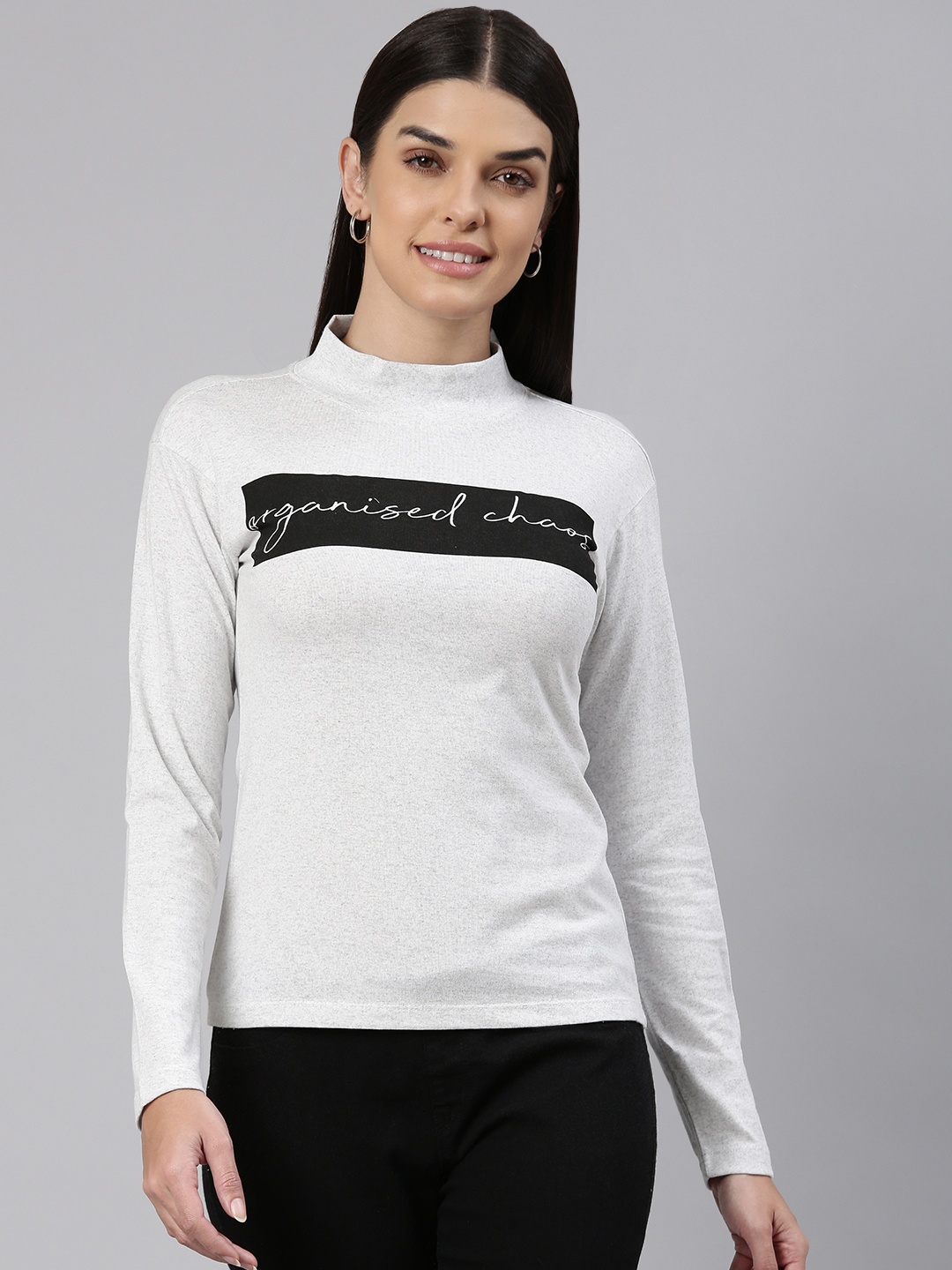 

Huetrap Women Typography Printed High Neck Cotton T-shirt, White