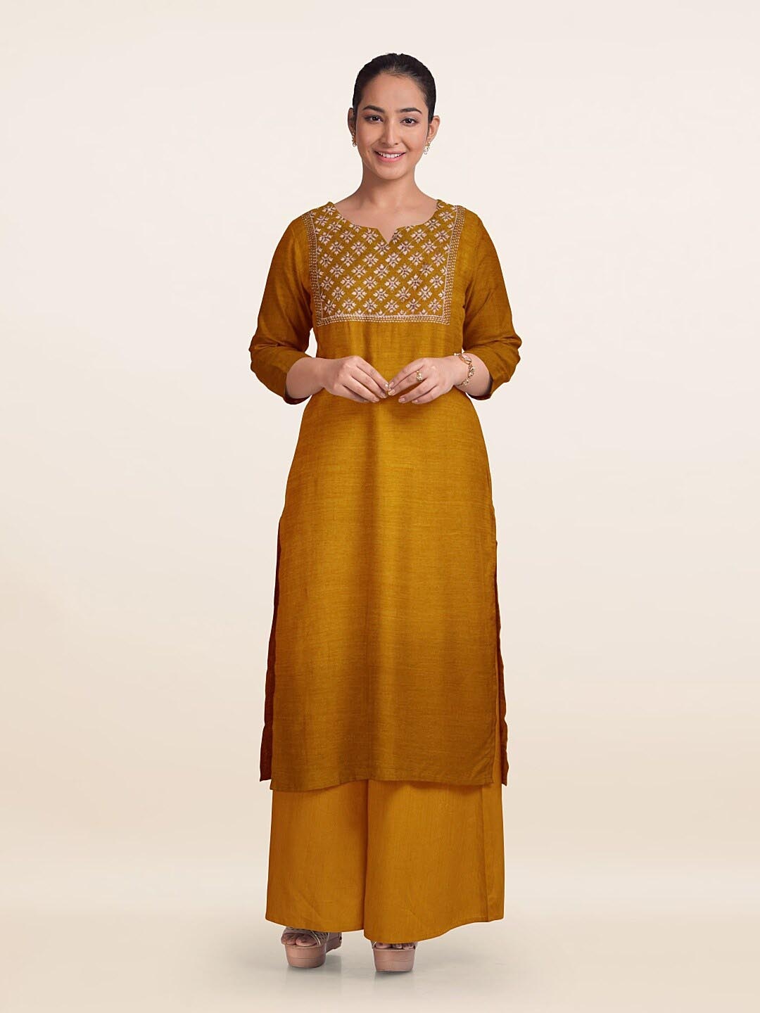 

Pothys Ethnic Motifs Embroidered Art Silk Unstitched Dress Material, Mustard
