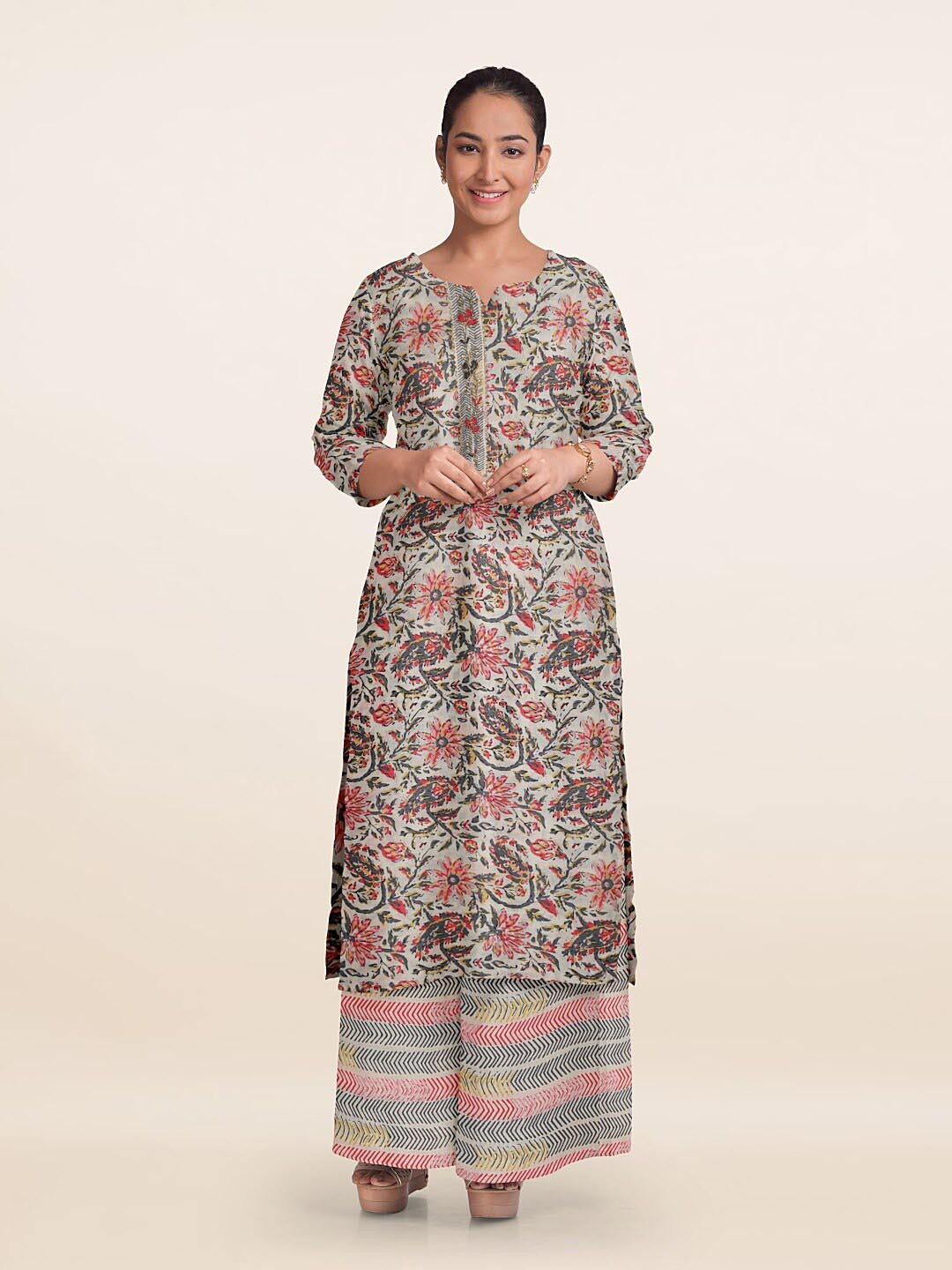 

Pothys Floral Printed Unstitched Dress Material, Grey