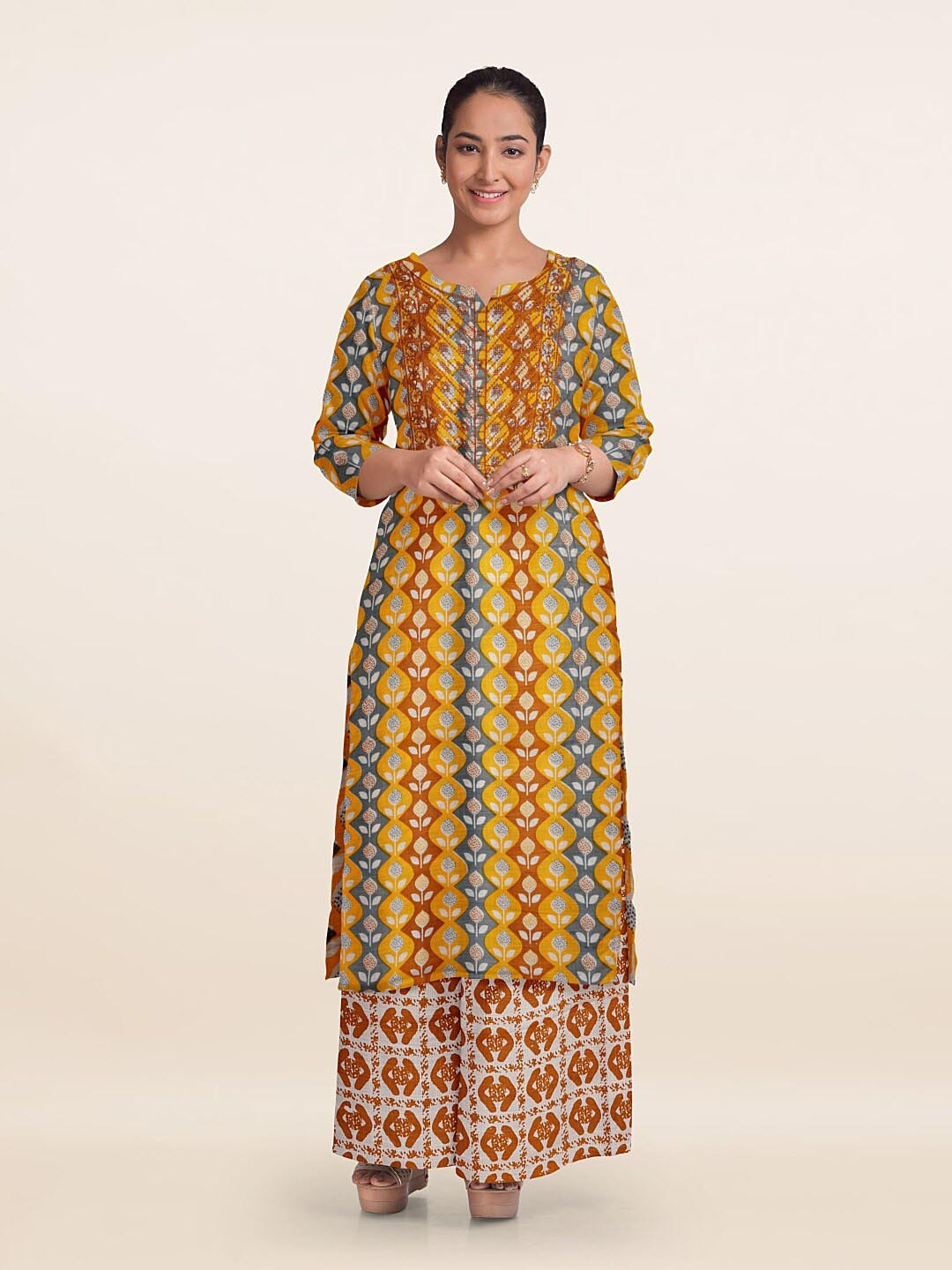 

Pothys Floral Printed Unstitched Dress Material, Mustard