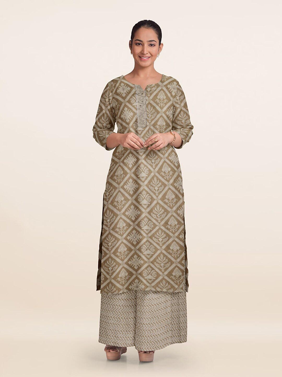 

Pothys Ethnic Motifs Printed Unstitched Dress Material, Cream