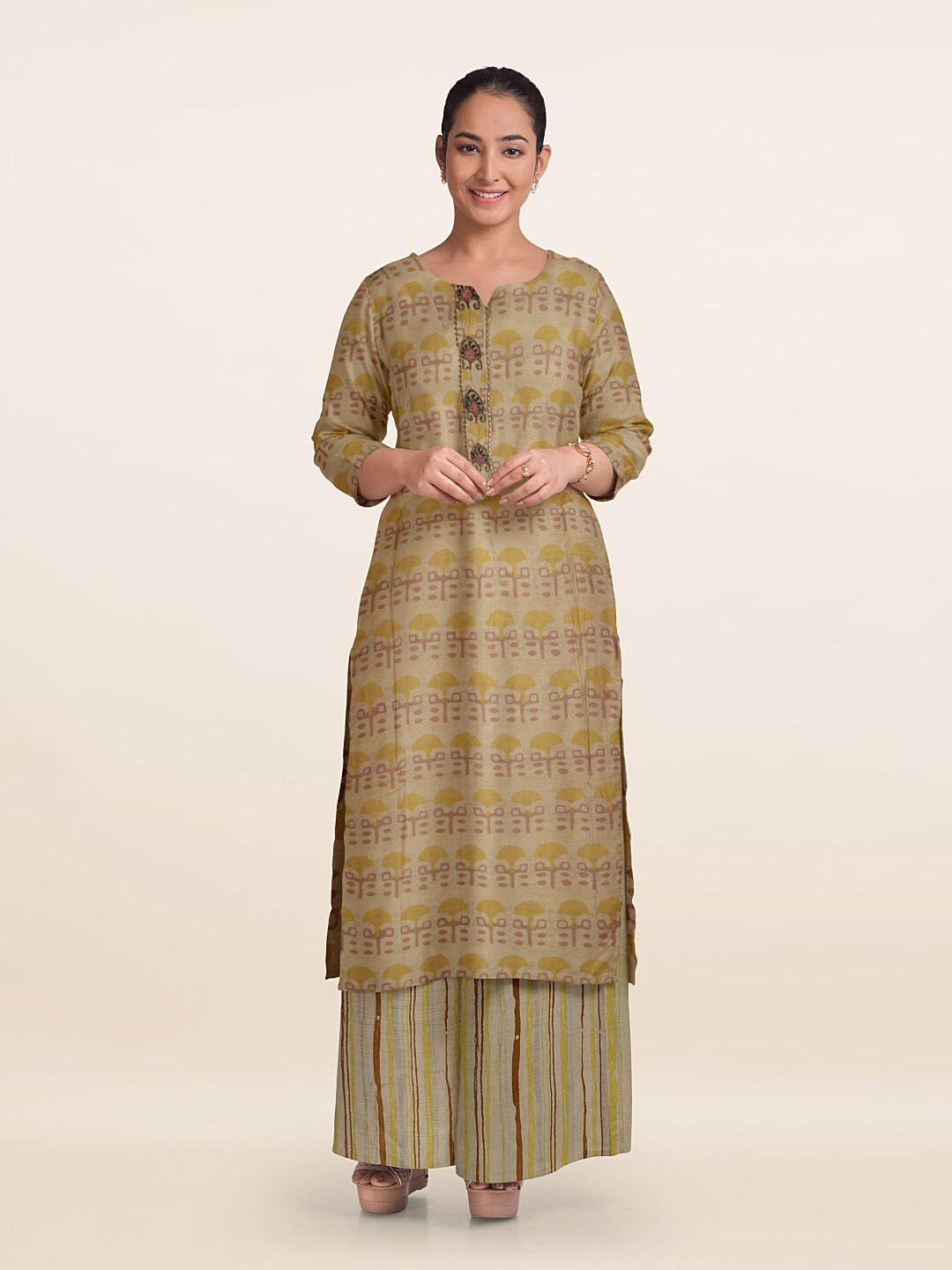 

Pothys Ethnic Motifs Printed Art Silk Unstitched Dress Material, Cream