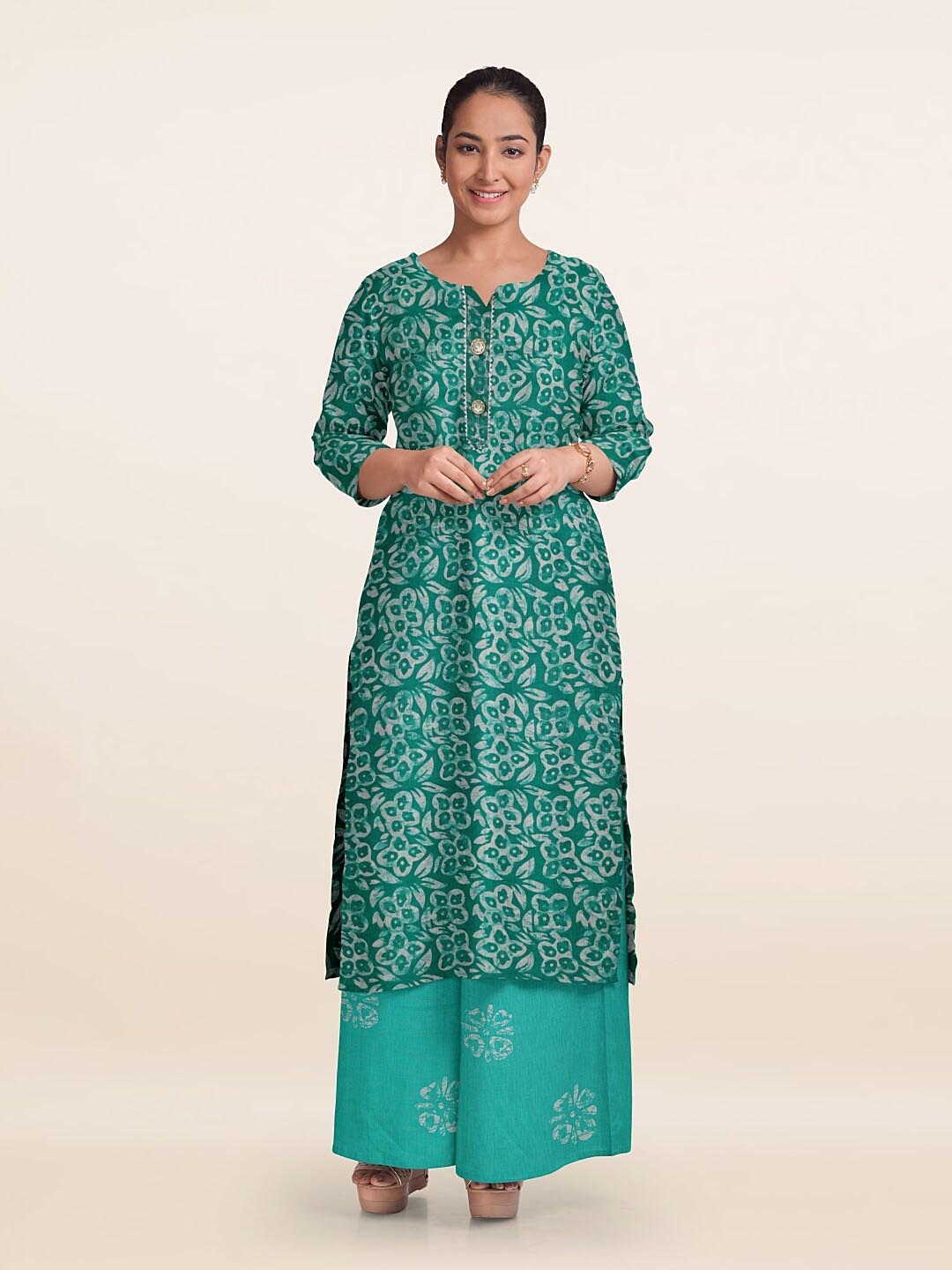 

Pothys Ethnic Motifs Printed Unstitched Dress Material, Green