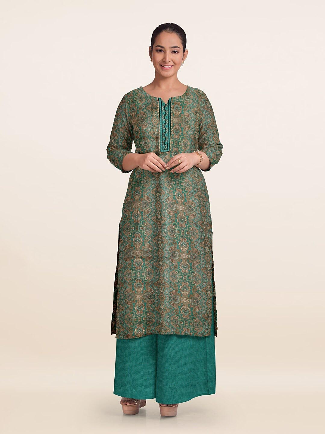 

Pothys Ethnic Motifs Printed Unstitched Dress Material, Green