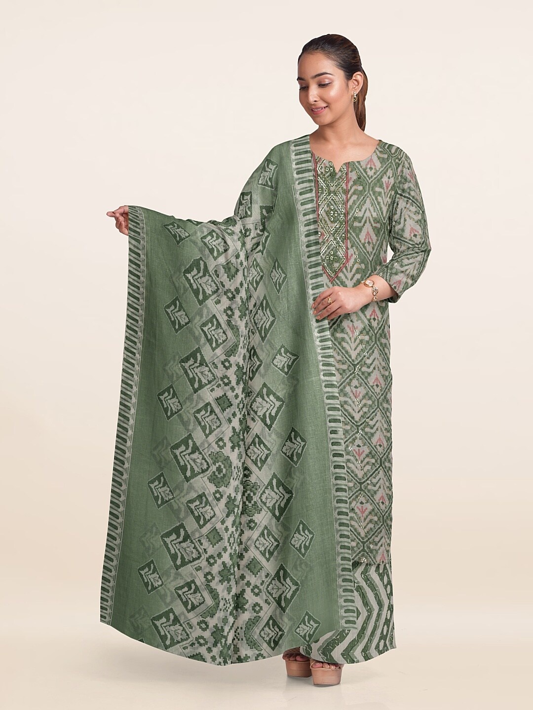 

Pothys Ethnic Motifs Printed Unstitched Dress Material, Green