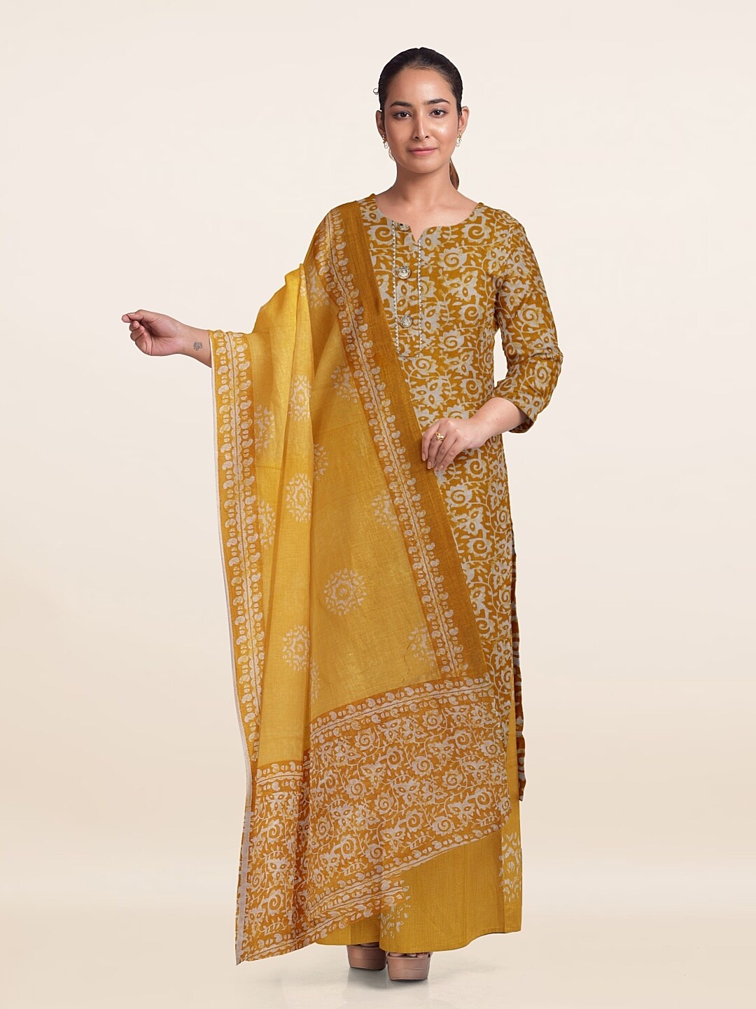 

Pothys Floral Printed Unstitched Dress Material, Mustard