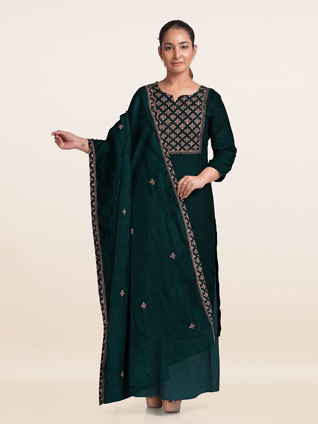 

Pothys Floral Embroidered Art Silk Unstitched Dress Material, Green