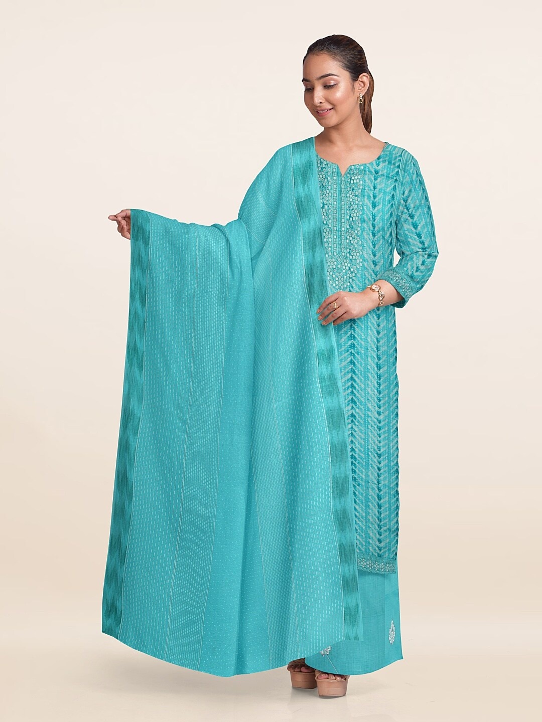 

Pothys Strip Printed Unstitched Dress Material, Blue