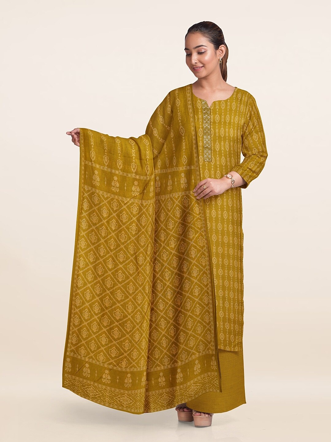 

Pothys Printed Art Silk Unstitched Dress Material, Yellow