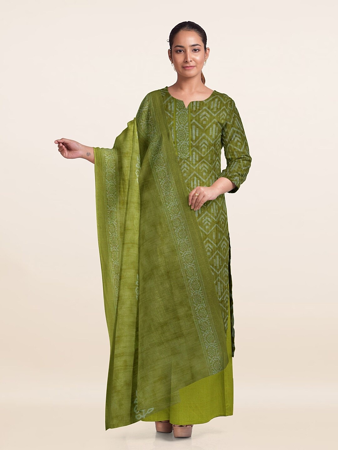 

Pothys Ethnic Motifs Printed Unstitched Dress Material, Green