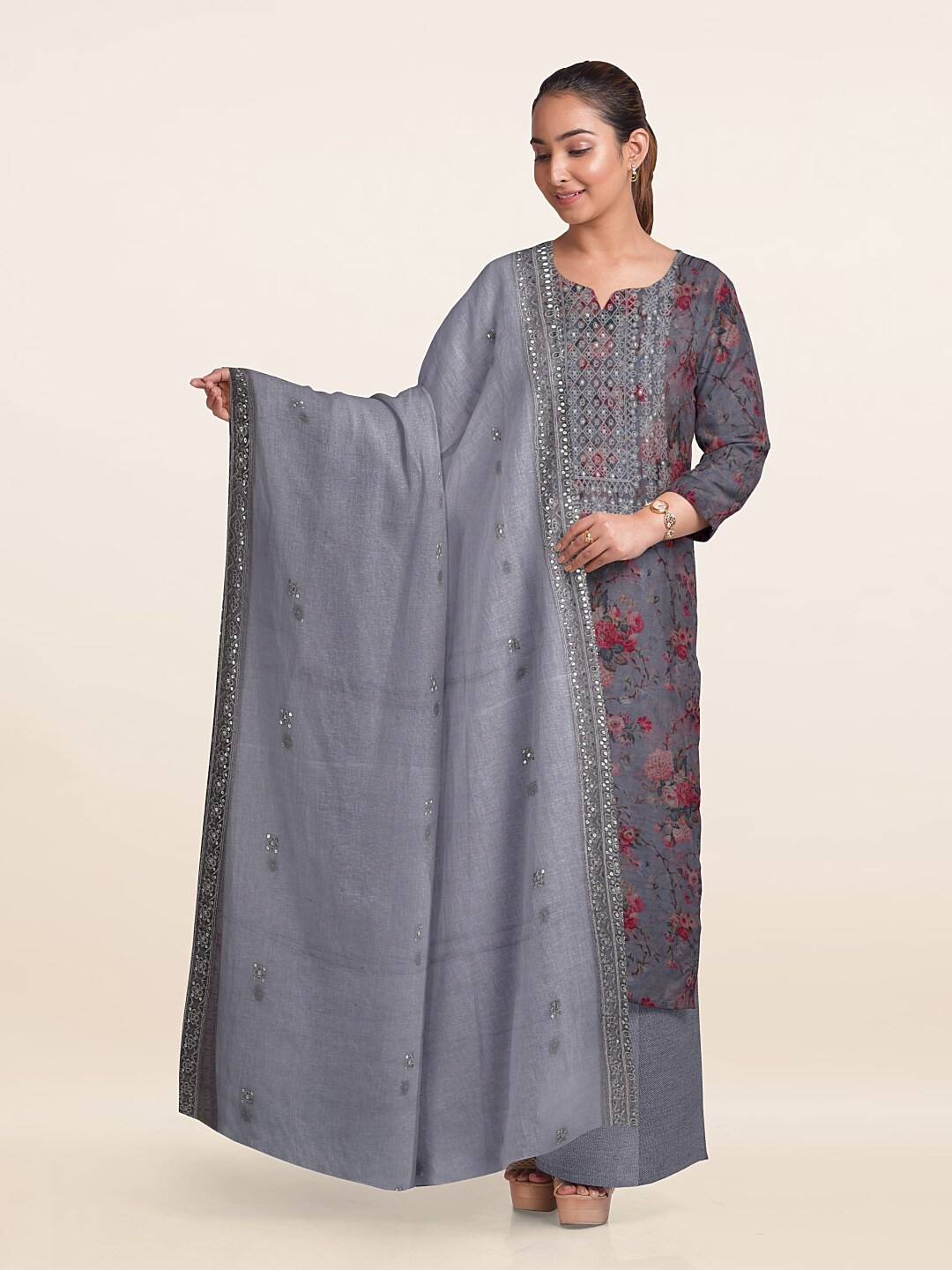

Pothys Floral Printed Unstitched Dress Material, Grey