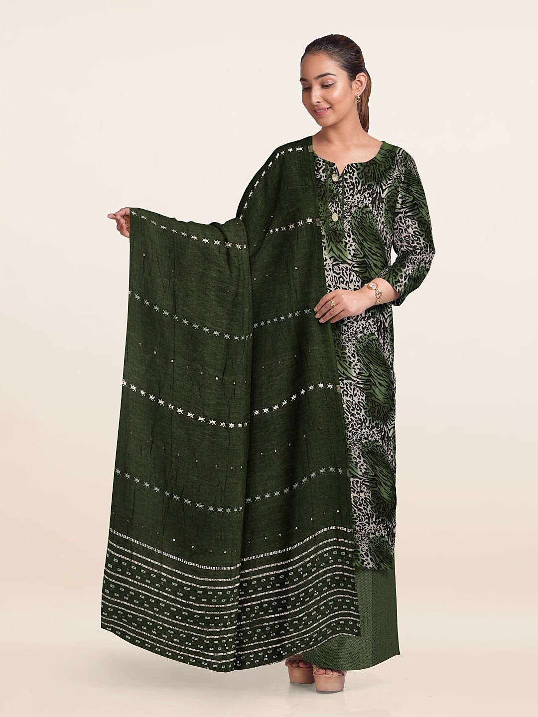 

Pothys Printed Viscose Rayon Unstitched Dress Material, Green