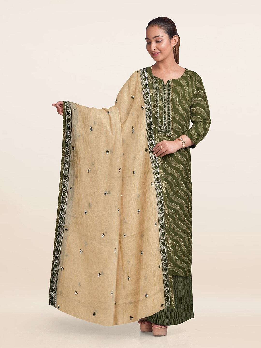 

Pothys Striped Printed Unstitched Dress Material, Green