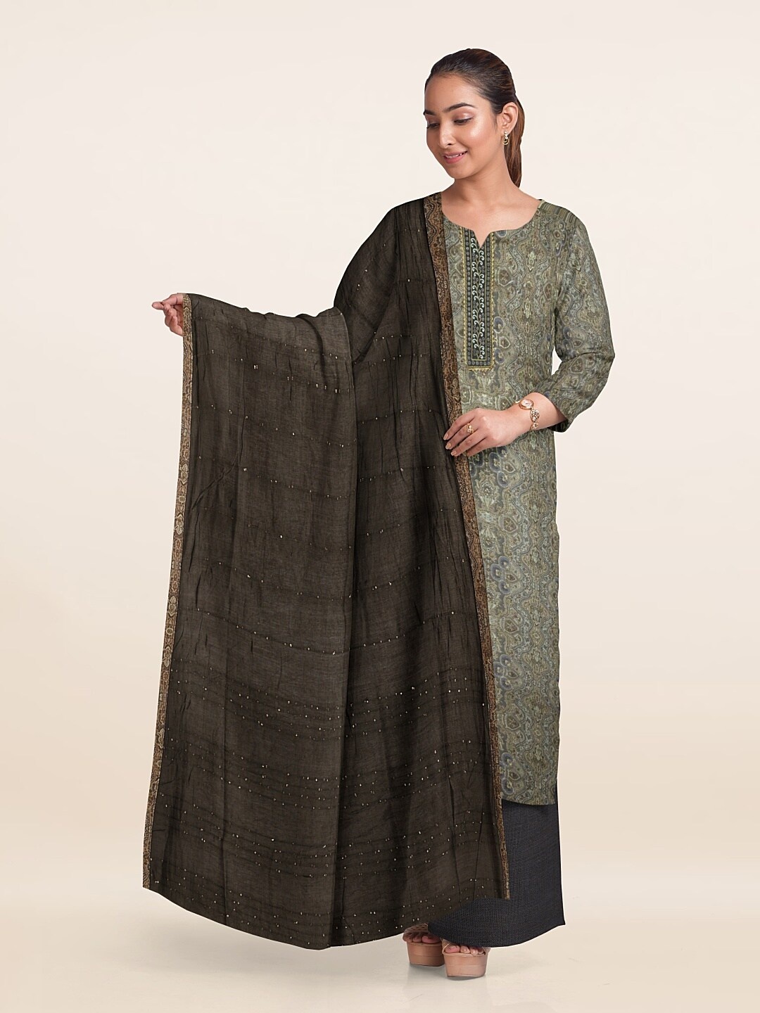 

Pothys Ethnic Printed Unstitched Dress Material, Brown