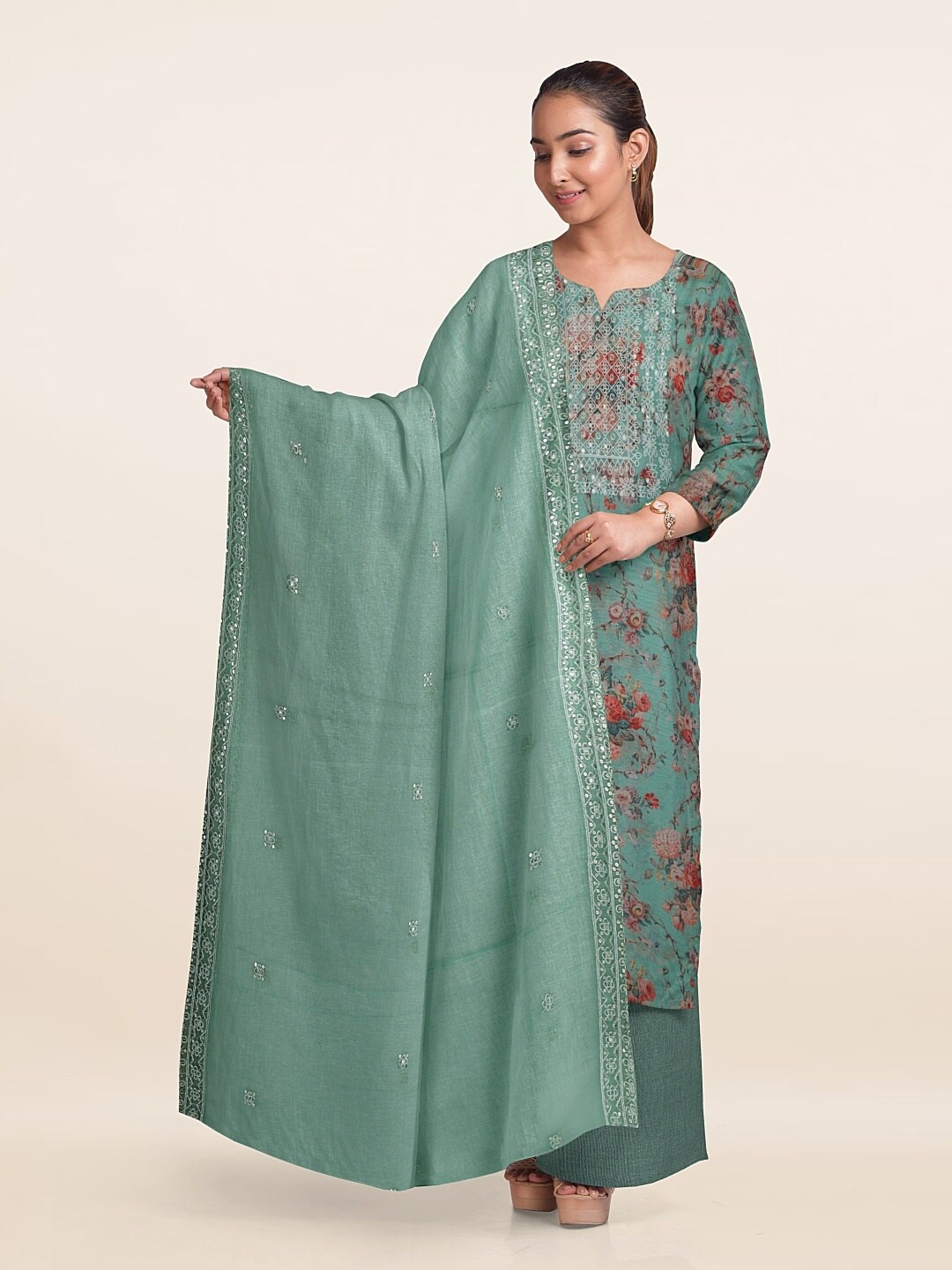 

Pothys Floral Printed Unstitched Dress Material, Sea green