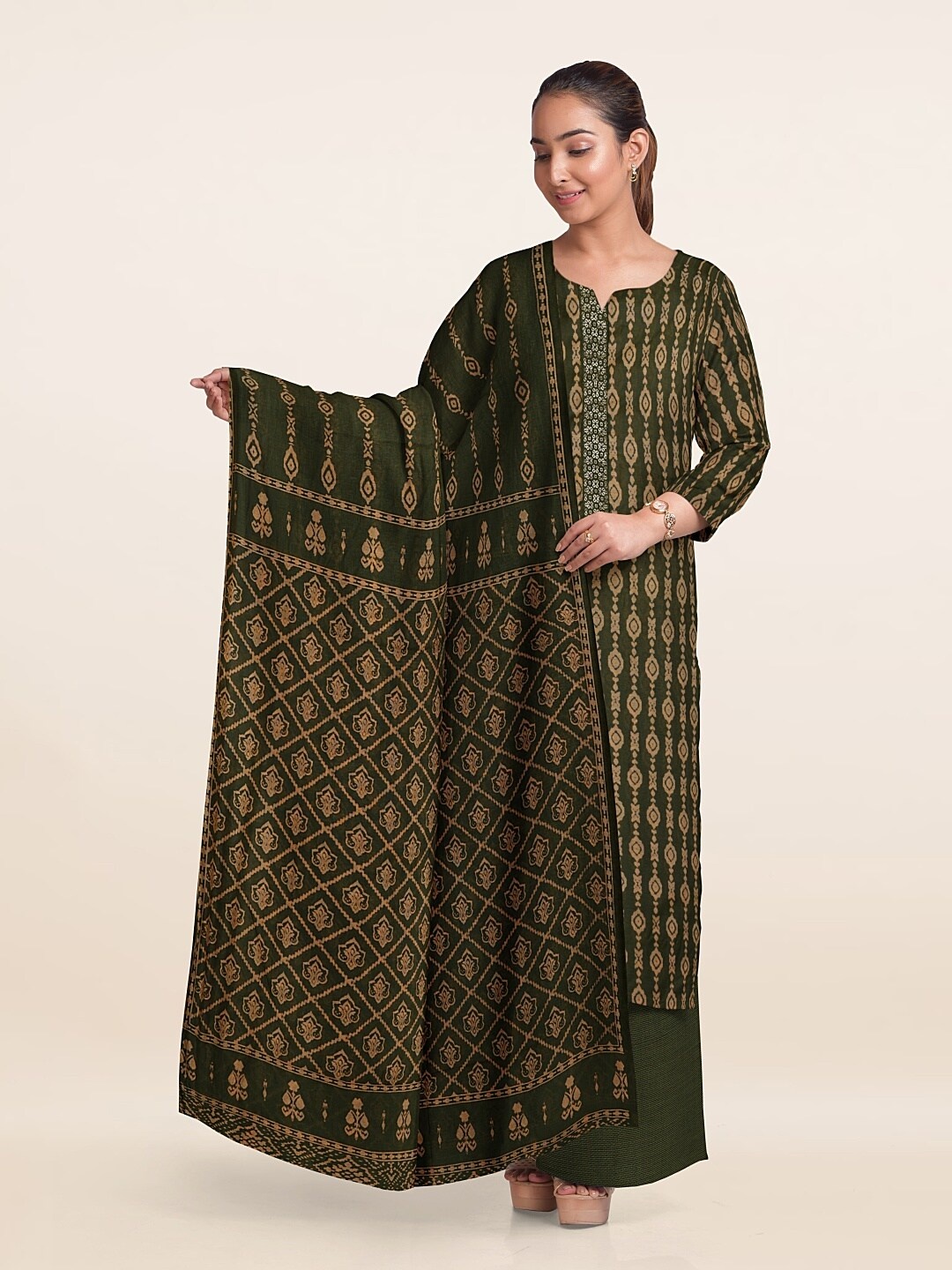 

Pothys Geometric Printed Art Silk Unstitched Dress Material, Green