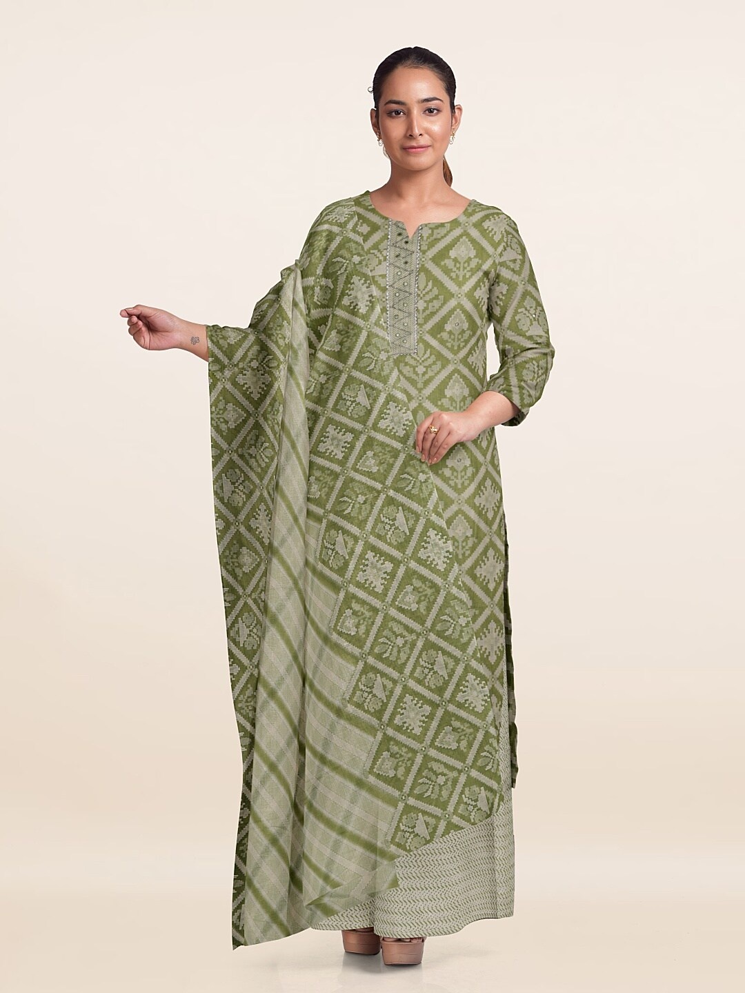 

Pothys Ethnic Motifs Printed Unstitched Dress Material, Green