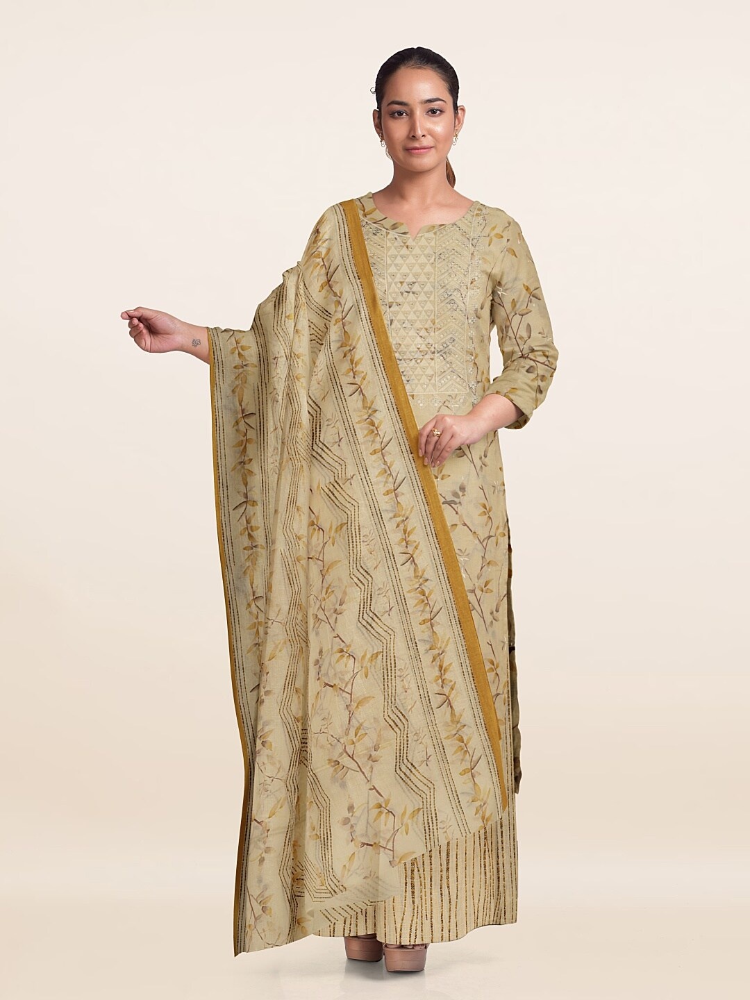 

Pothys Floral Printed Unstitched Dress Material, Cream