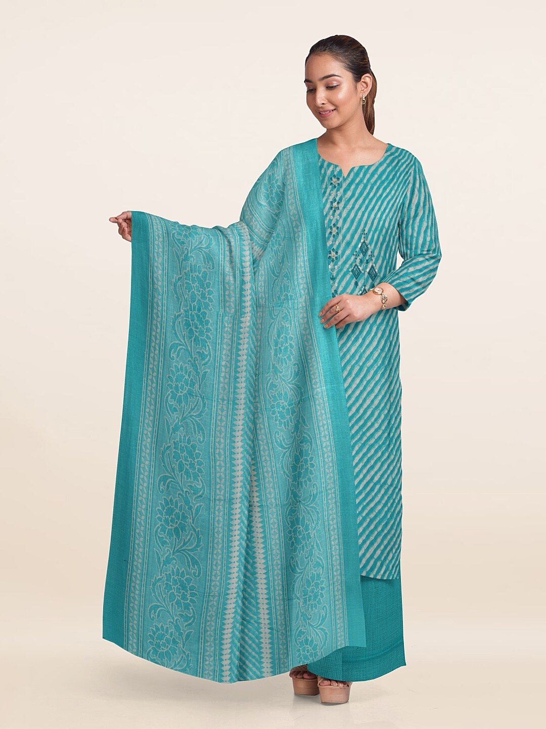 

Pothys Leheriya Printed Unstitched Dress Material, Blue