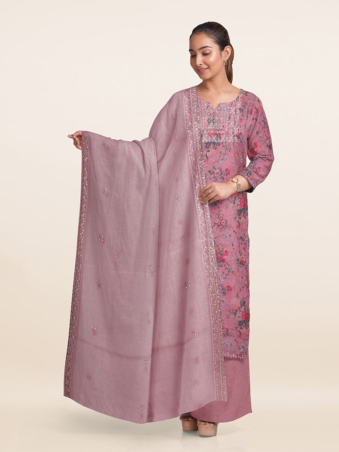 

Pothys Floral Printed Organza Unstitched Dress Material, Pink