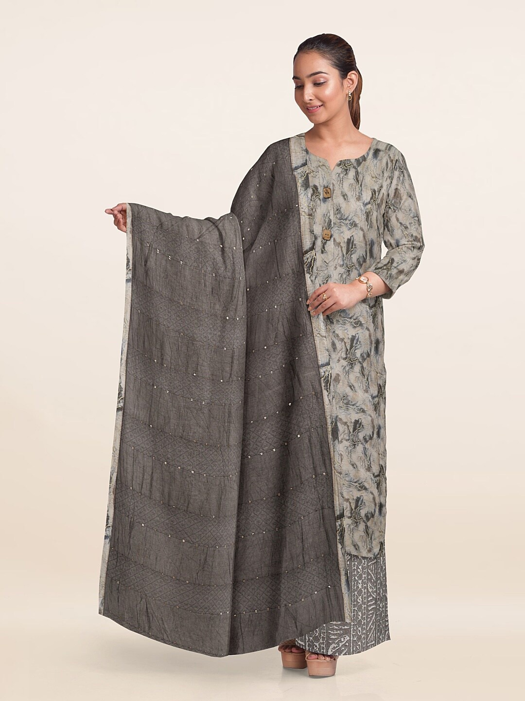

Pothys Printed Art Silk Unstitched Dress Material, Cream