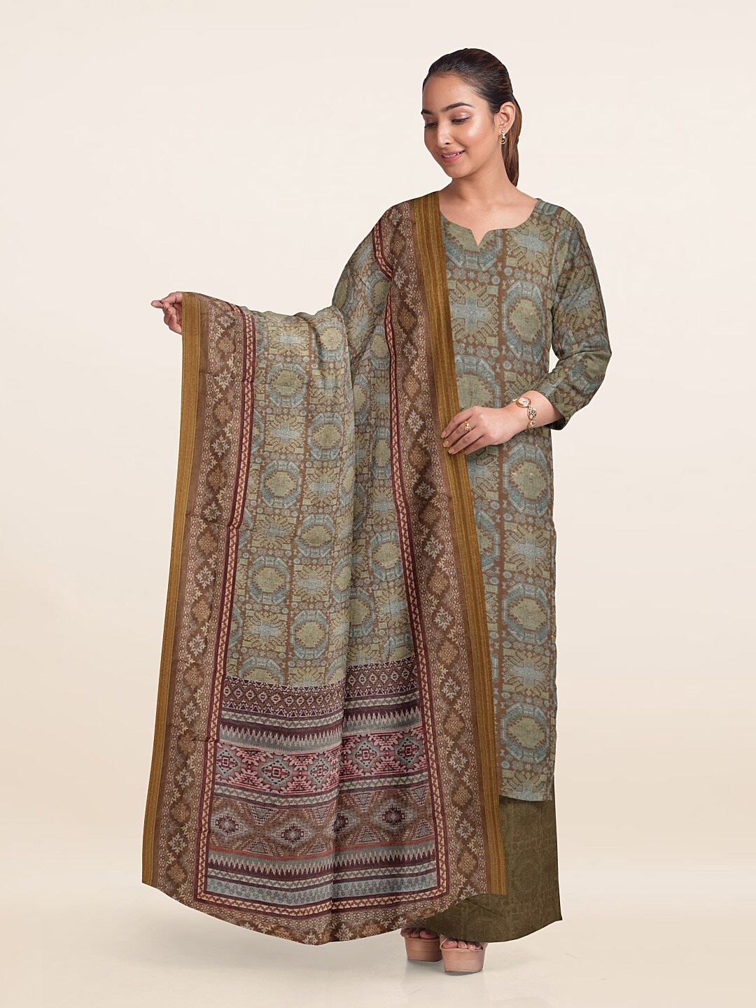 

Pothys Ethnic Motifs Printed Unstitched Dress Material, Olive