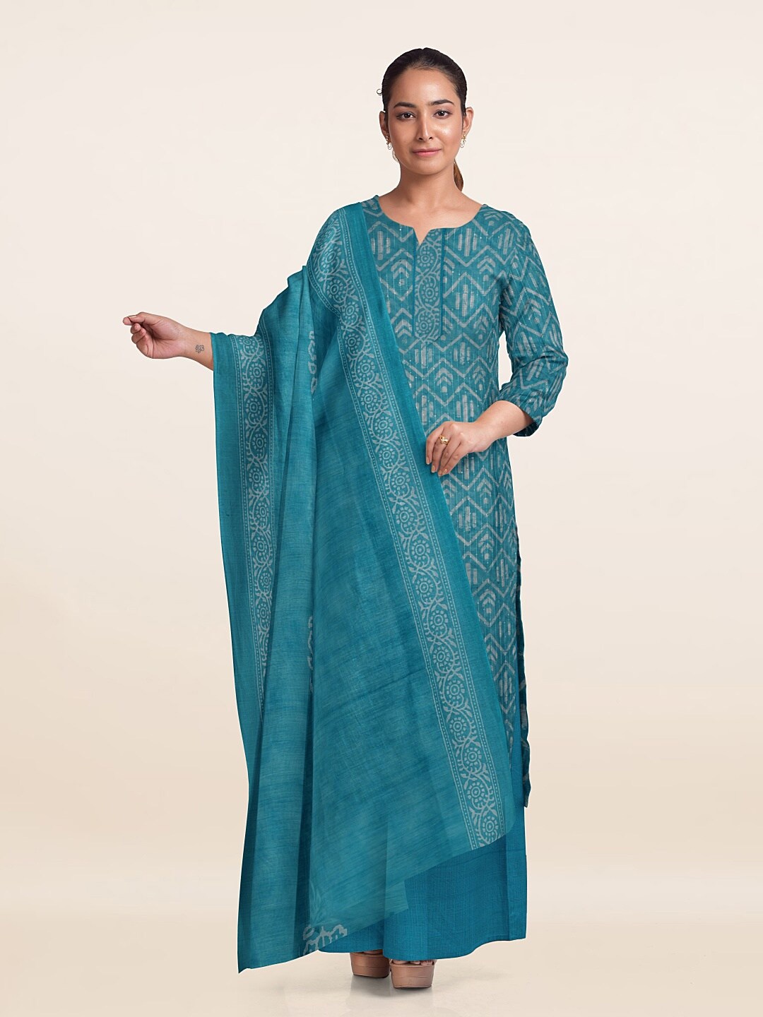 

Pothys Ethnic Motifs Printed Unstitched Dress Material, Blue