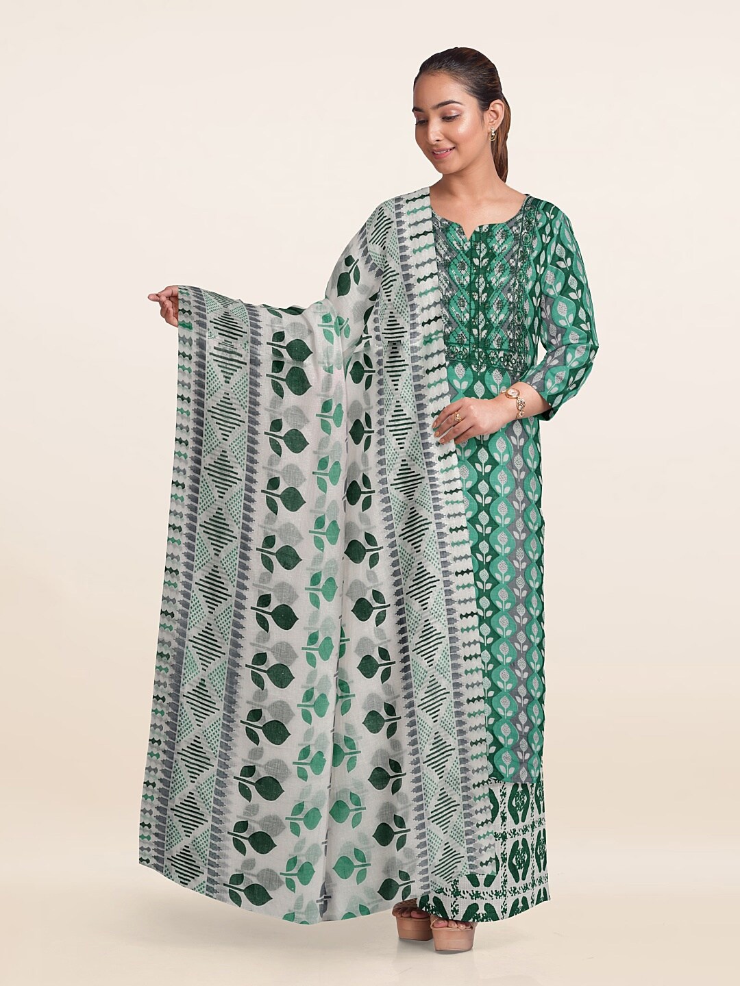 

Pothys Ethnic Motifs Printed Unstitched Dress Material, Green