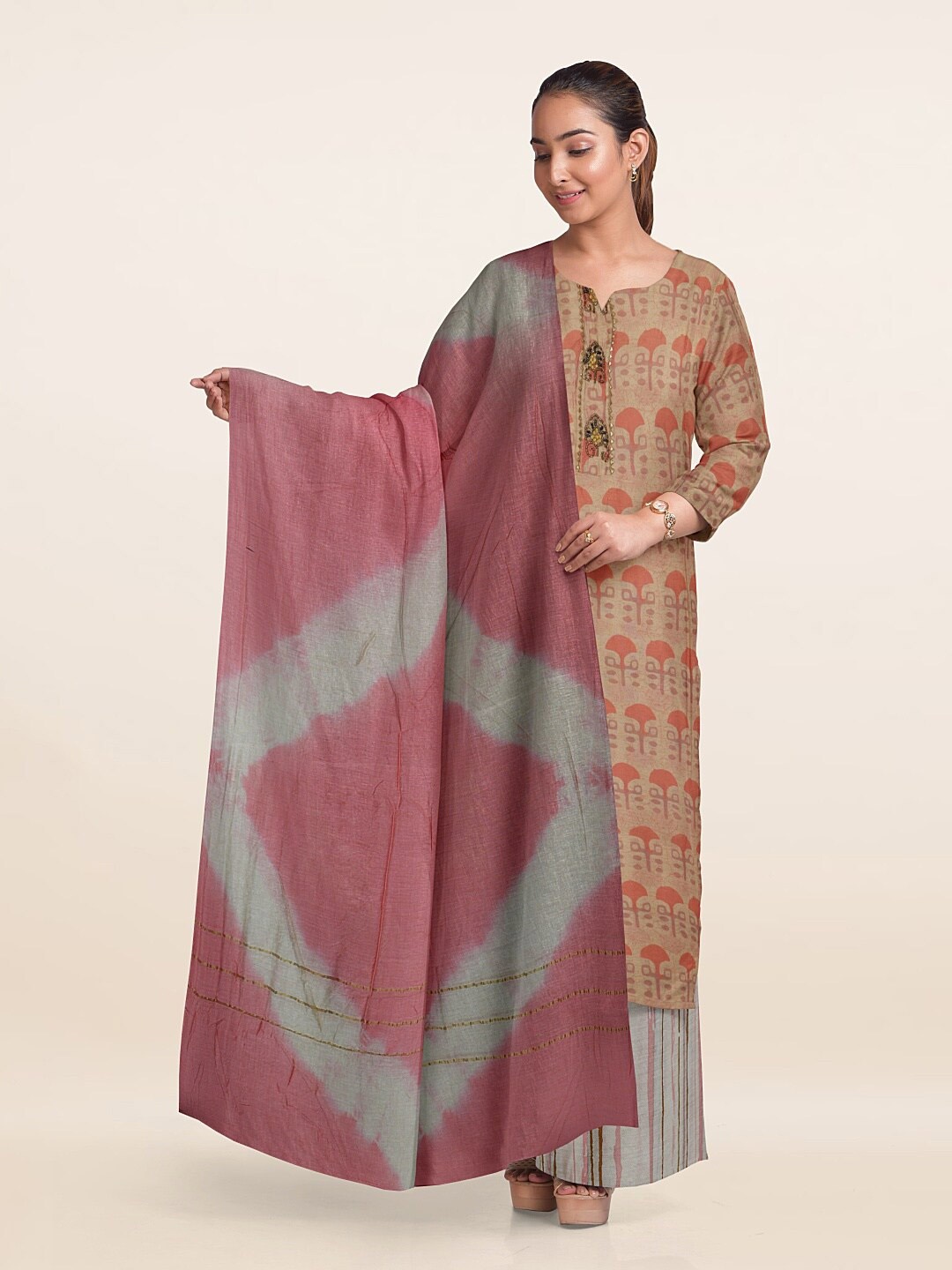 

Pothys Ethnic Printed Art Silk Unstitched Dress Material, Cream