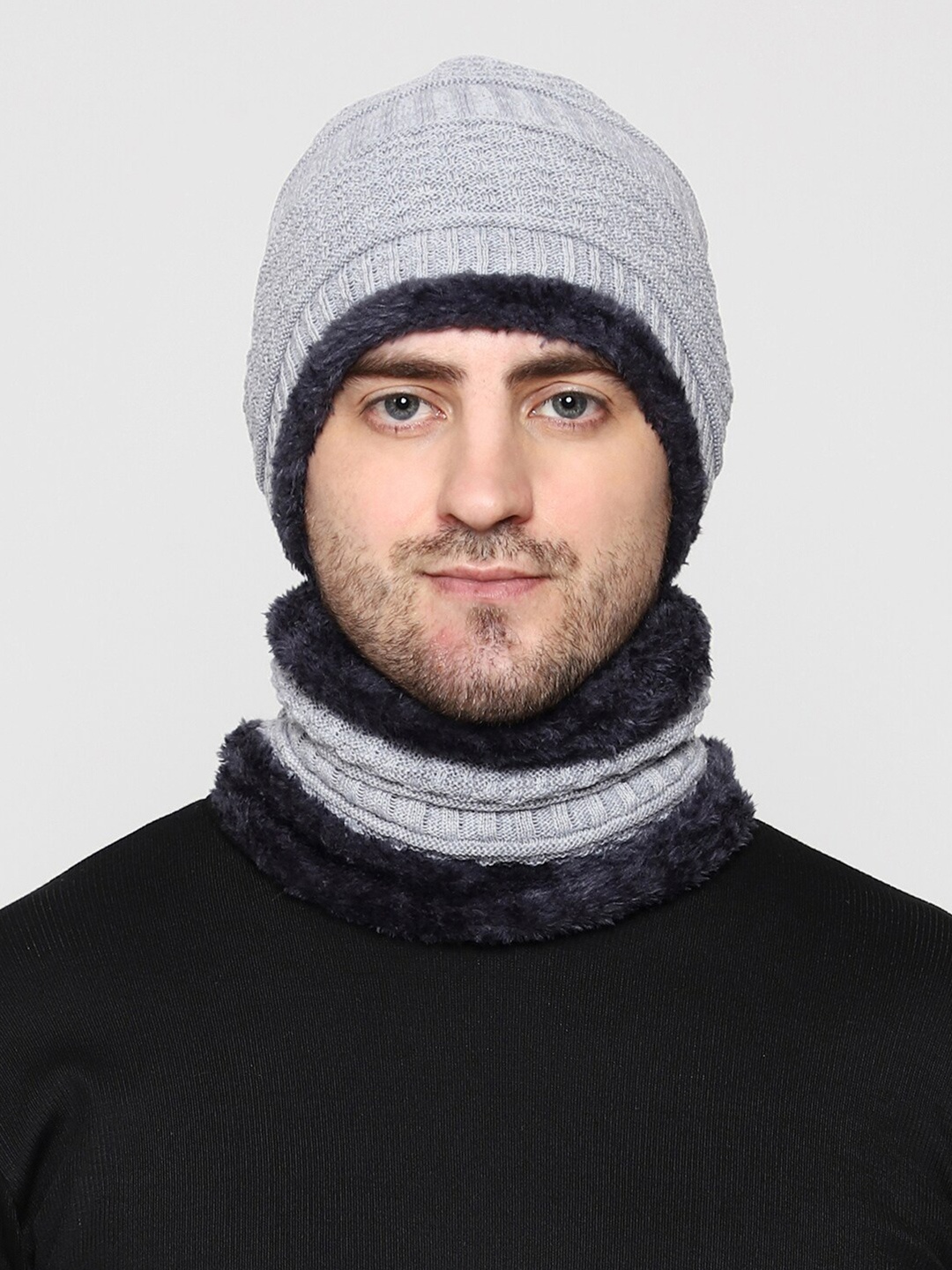 

WEAVERS VILLA Men Acrylic Beanie With Neck Warmer, Grey