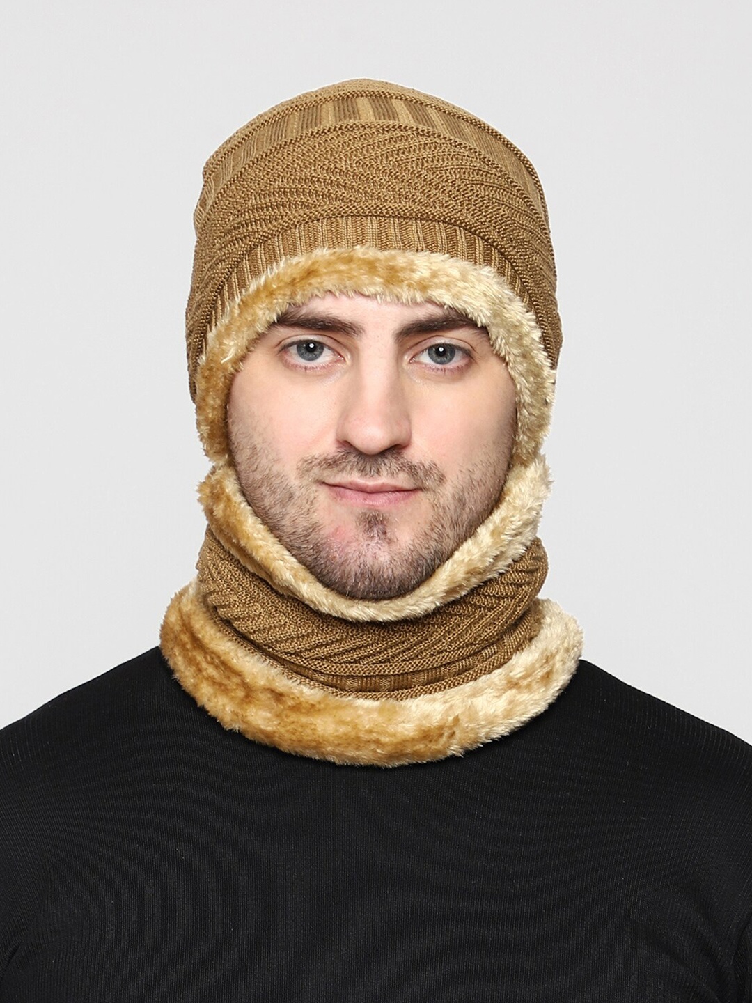 

WEAVERS VILLA Men Acrylic Beanie Cap with Neck Warmer, Beige