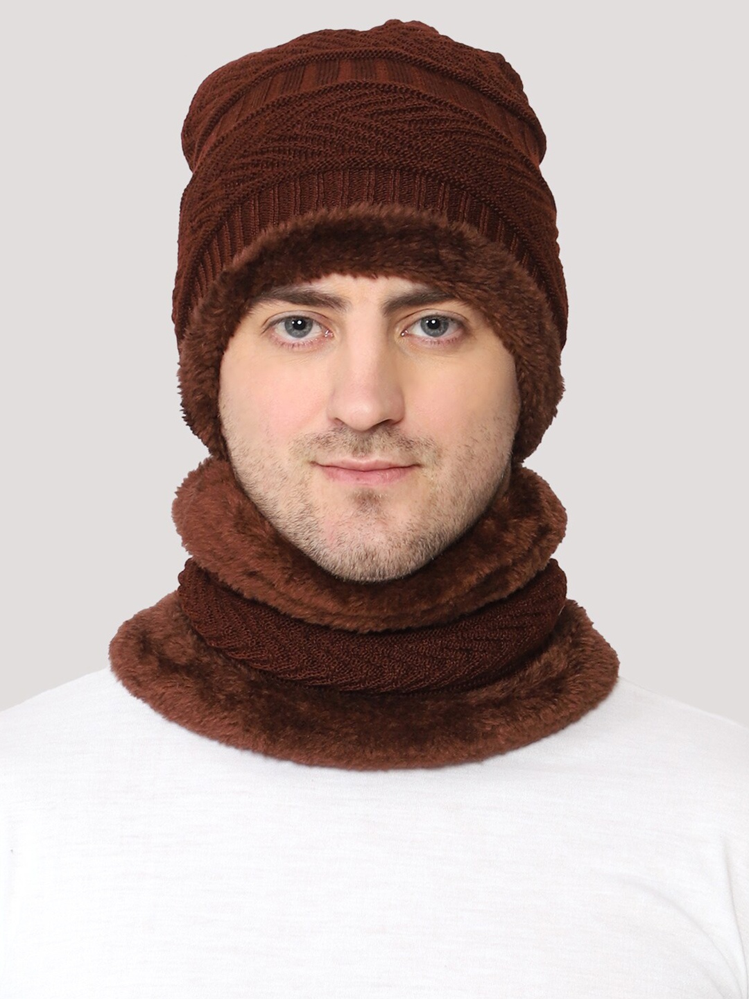 

WEAVERS VILLA Men Acrylic Beanie Cap with Neck Warmer, Brown