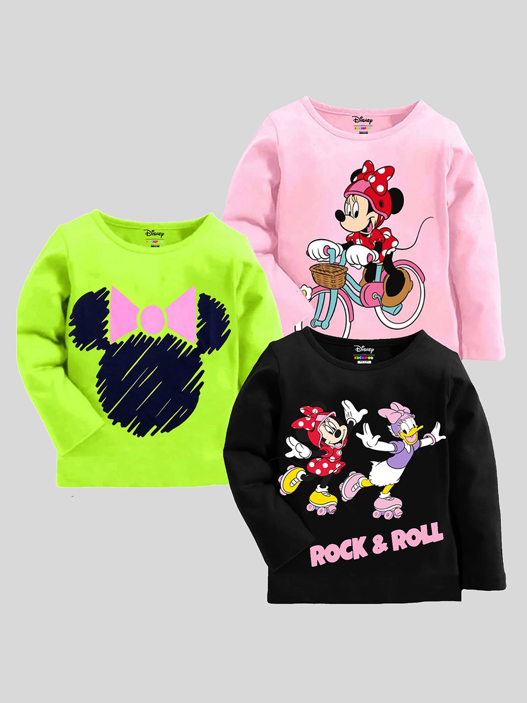 

KUCHIPOO Kids Girls Pack Of 3 Minnie Mouse Printed T-shirt, Pink