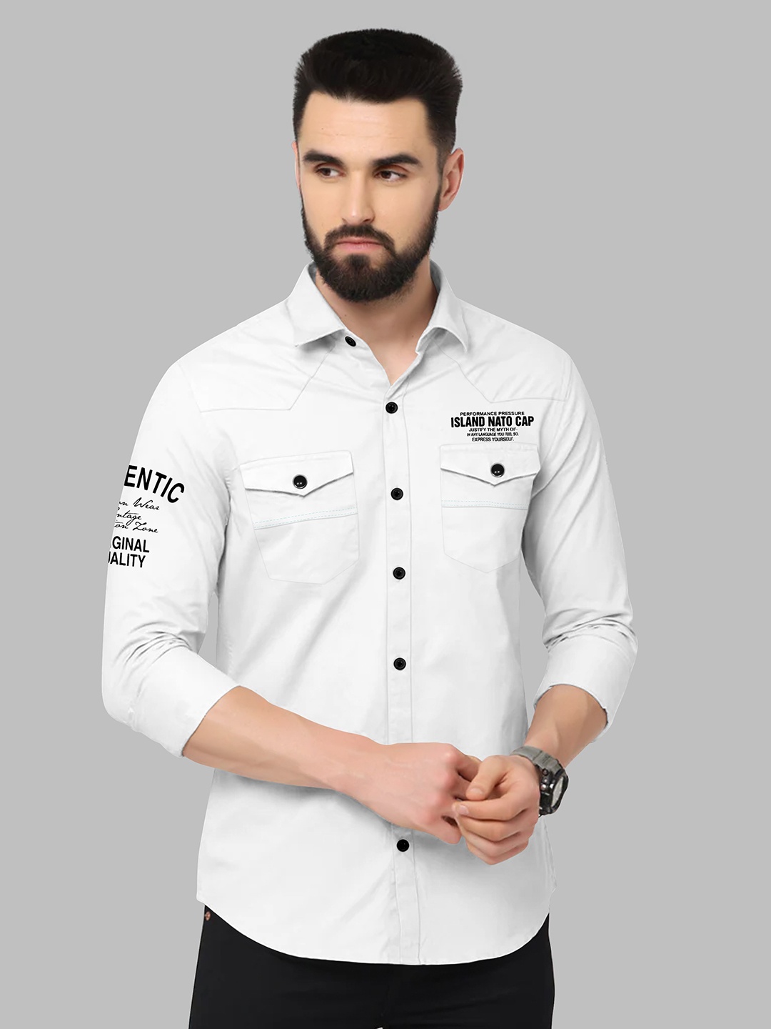 

Fashion FRICKS Men Classic Printed Cotton Casual Shirt, White