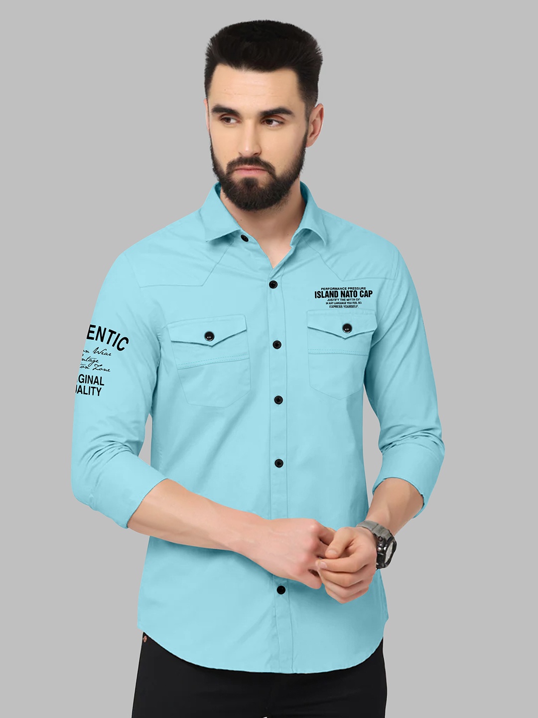 

Fashion FRICKS Men Classic Printed Cotton Casual Shirt, Turquoise blue