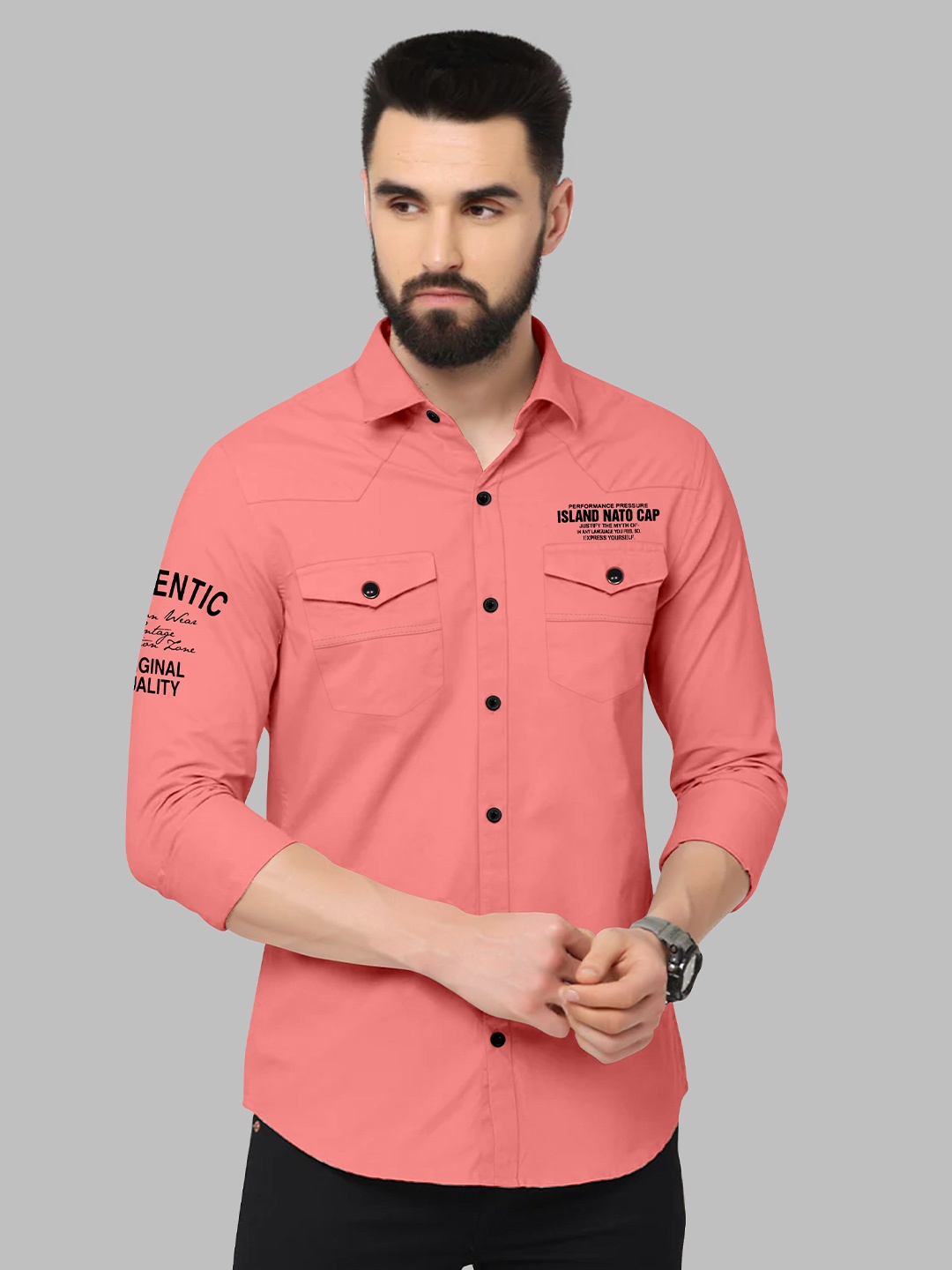 

Fashion FRICKS Men Classic Printed Cotton Casual Shirt, Pink