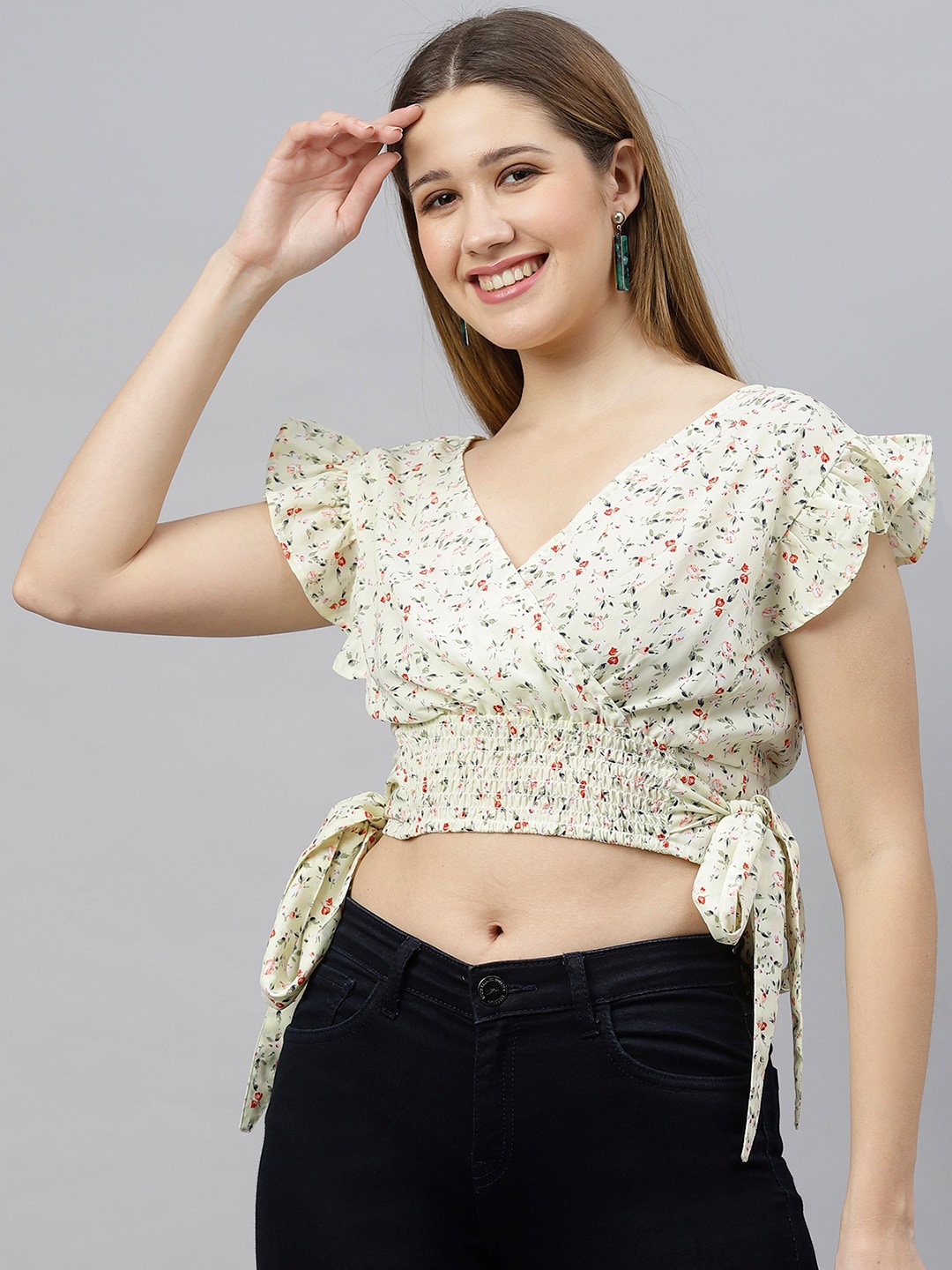 

FLAMBOYANT Floral Print Crepe Wrap Crop Top, Yellow