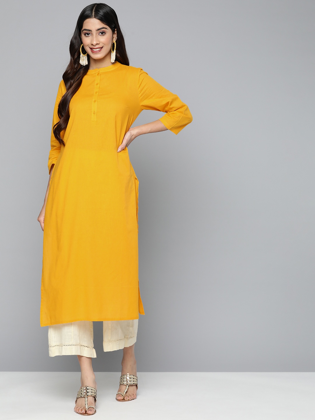 

HERE&NOW Women Mandarin Collar Cotton Kurta, Yellow