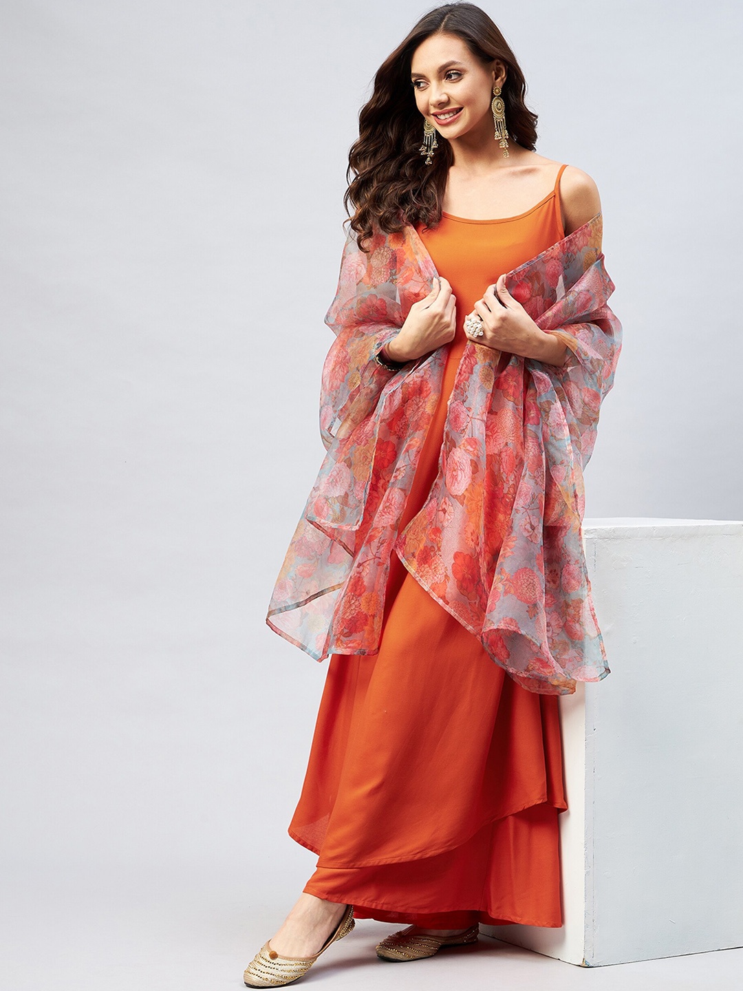 

InWeave Women Pleated Anarkali Kurta with Palazzos & Dupatta, Coral