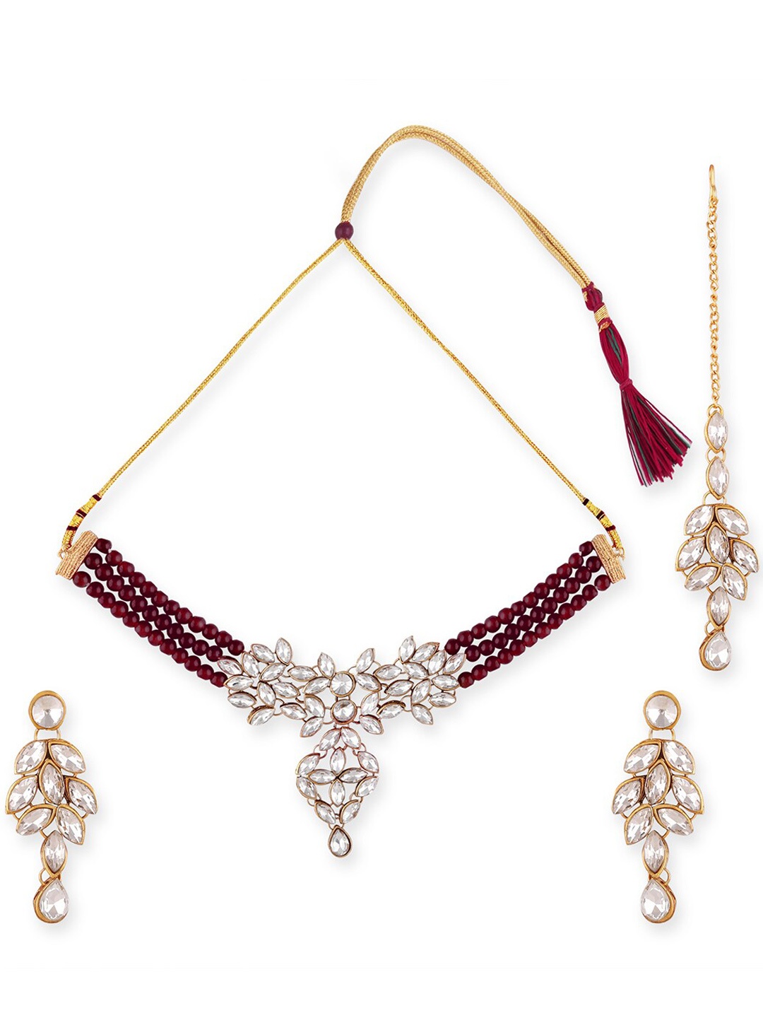 

Swarajshop Women Gold-Plated Pearls-Studded Jewellery Set, Maroon