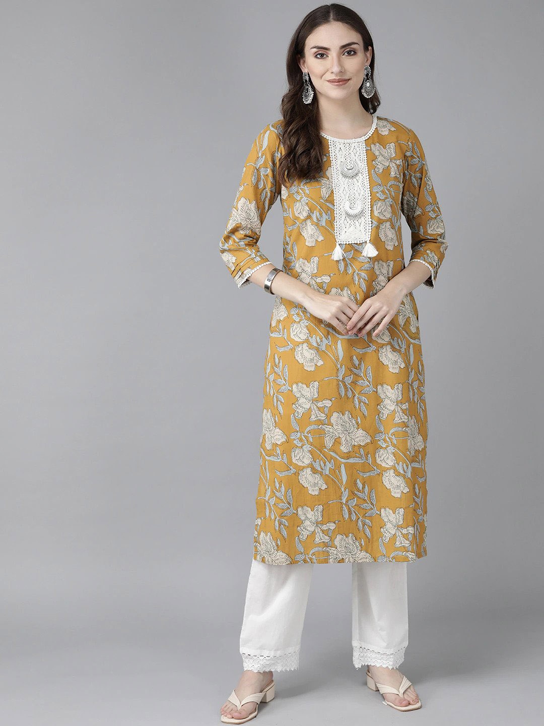 

Rain & Rainbow Floral Printed Thread Work Cotton Kurta, Mustard