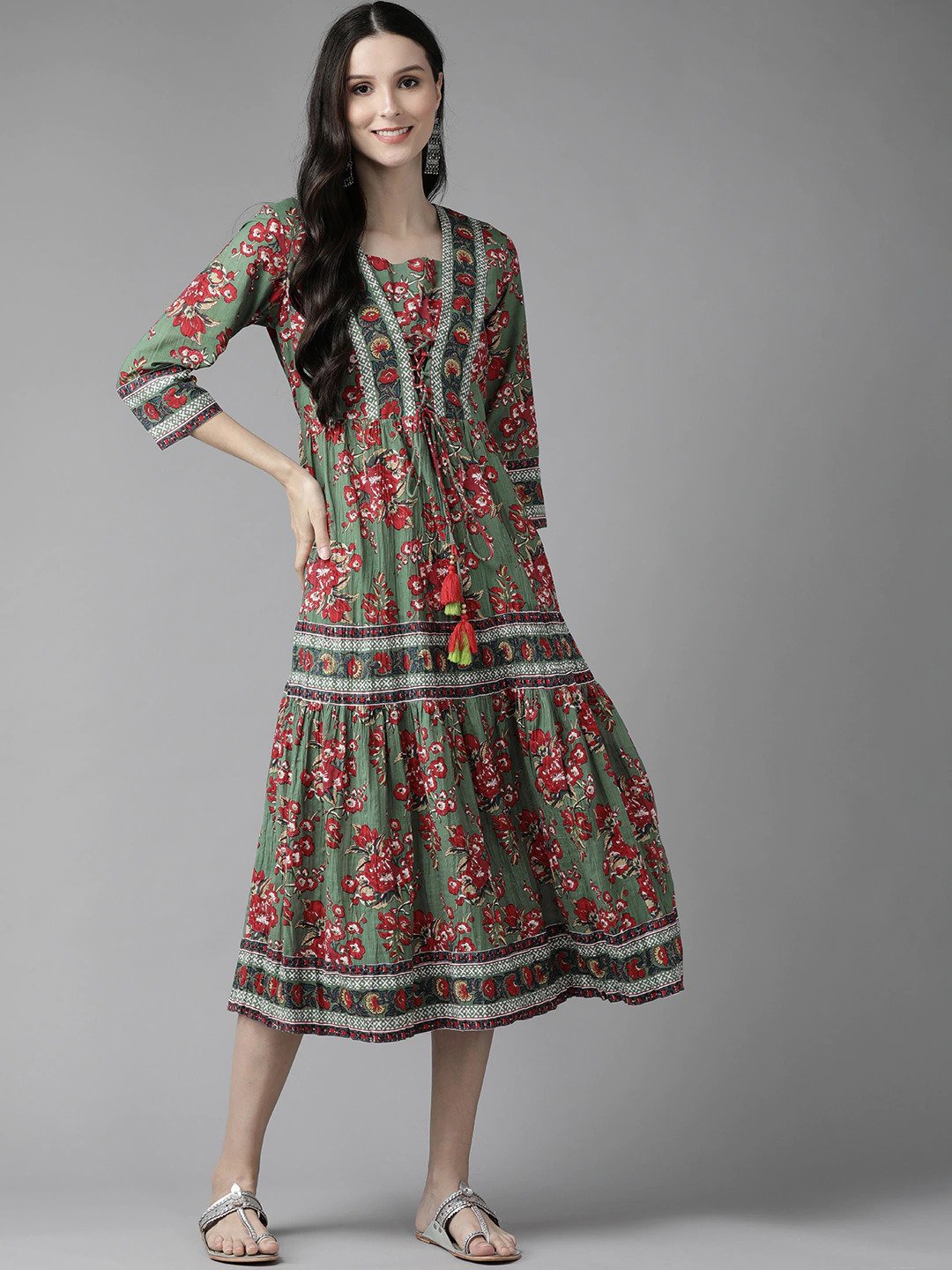 

Rain & Rainbow Floral Printed Midi-Length Pure Cotton Ethnic Dresses, Green