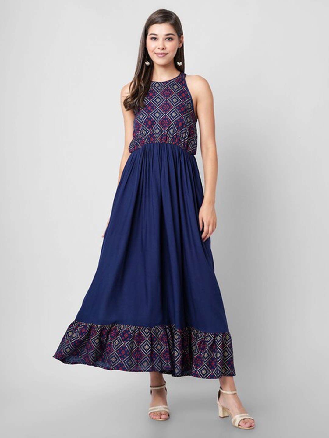

DRESSAR Blue Applique Ethnic Maxi Dress