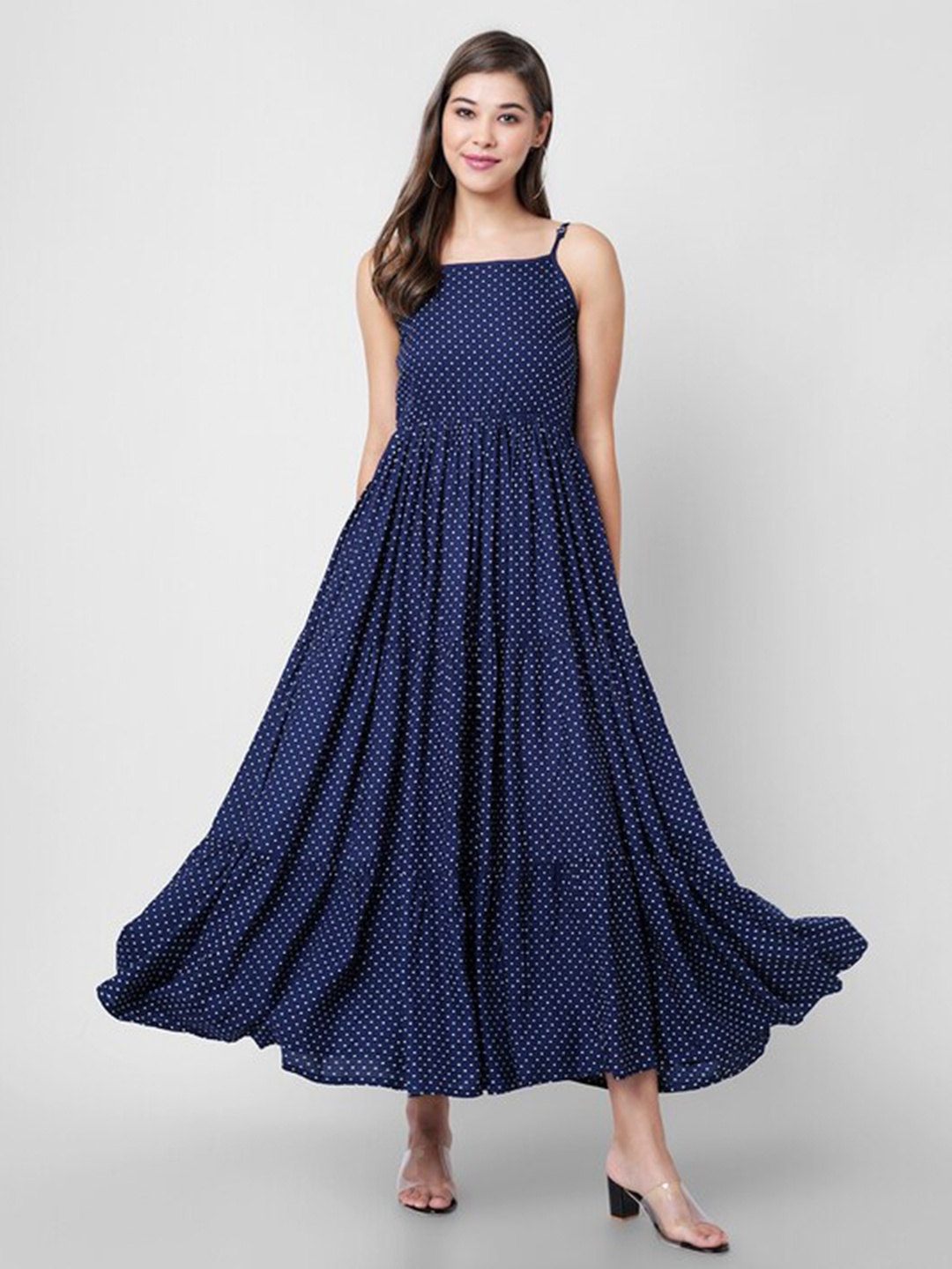 

DRESSAR Printed Shoulder Strap Maxi Dress, Blue