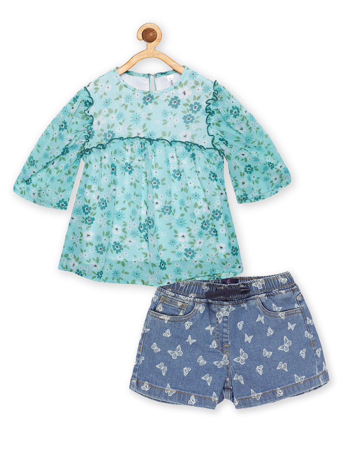 

KiddoPanti Girls Floral Printed Top with Shorts, Green
