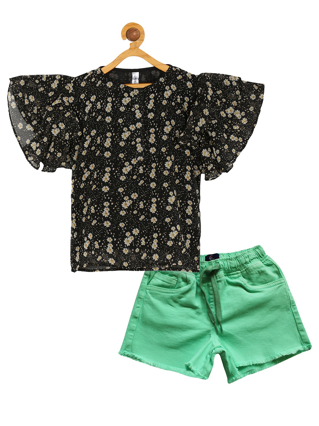 

KiddoPanti Girls Floral Printed Top with Shorts, Black
