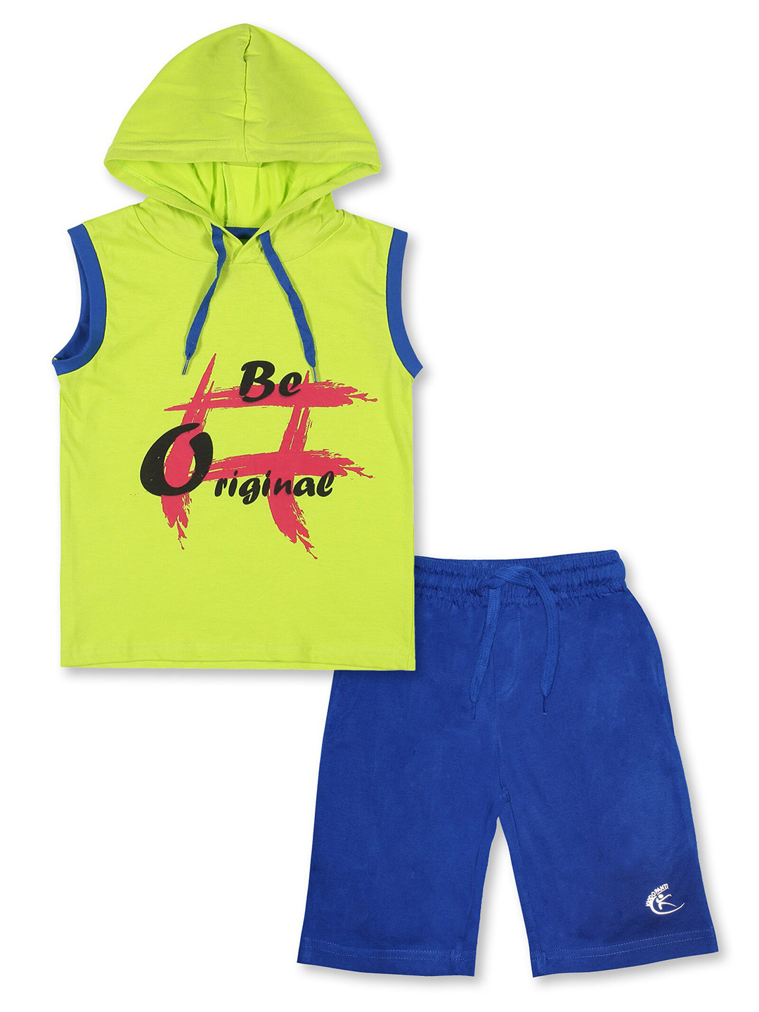 

KiddoPanti Boys Printed Hooded Sleeveless Pure Cotton T-shirt with Shorts, Lime green