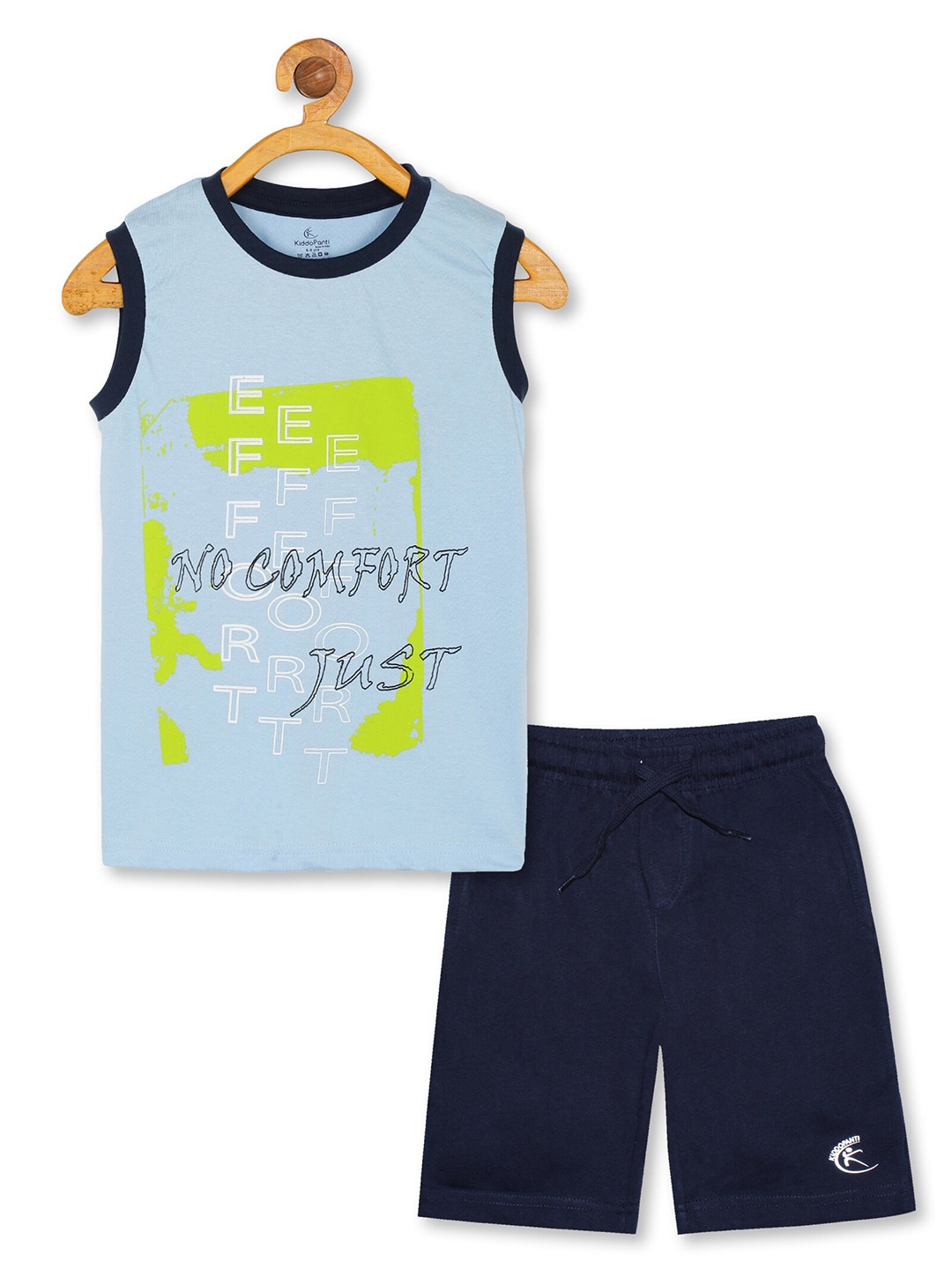 

KiddoPanti Boys Printed Sleeveless Pure Cotton T-shirt with Shorts, Blue