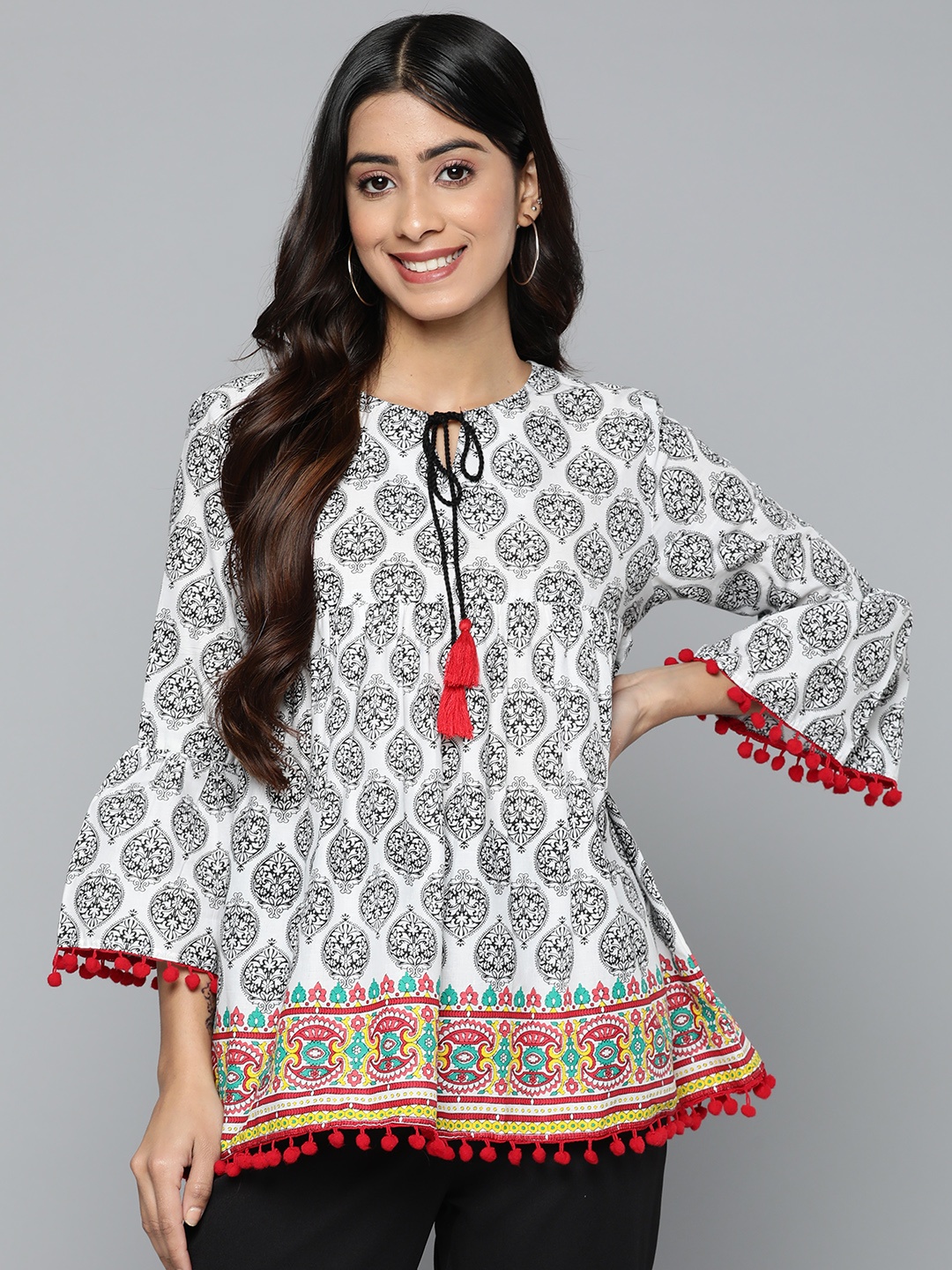 

HERE&NOW Ethnic Motifs Printed Flared Sleeves Kurti, White